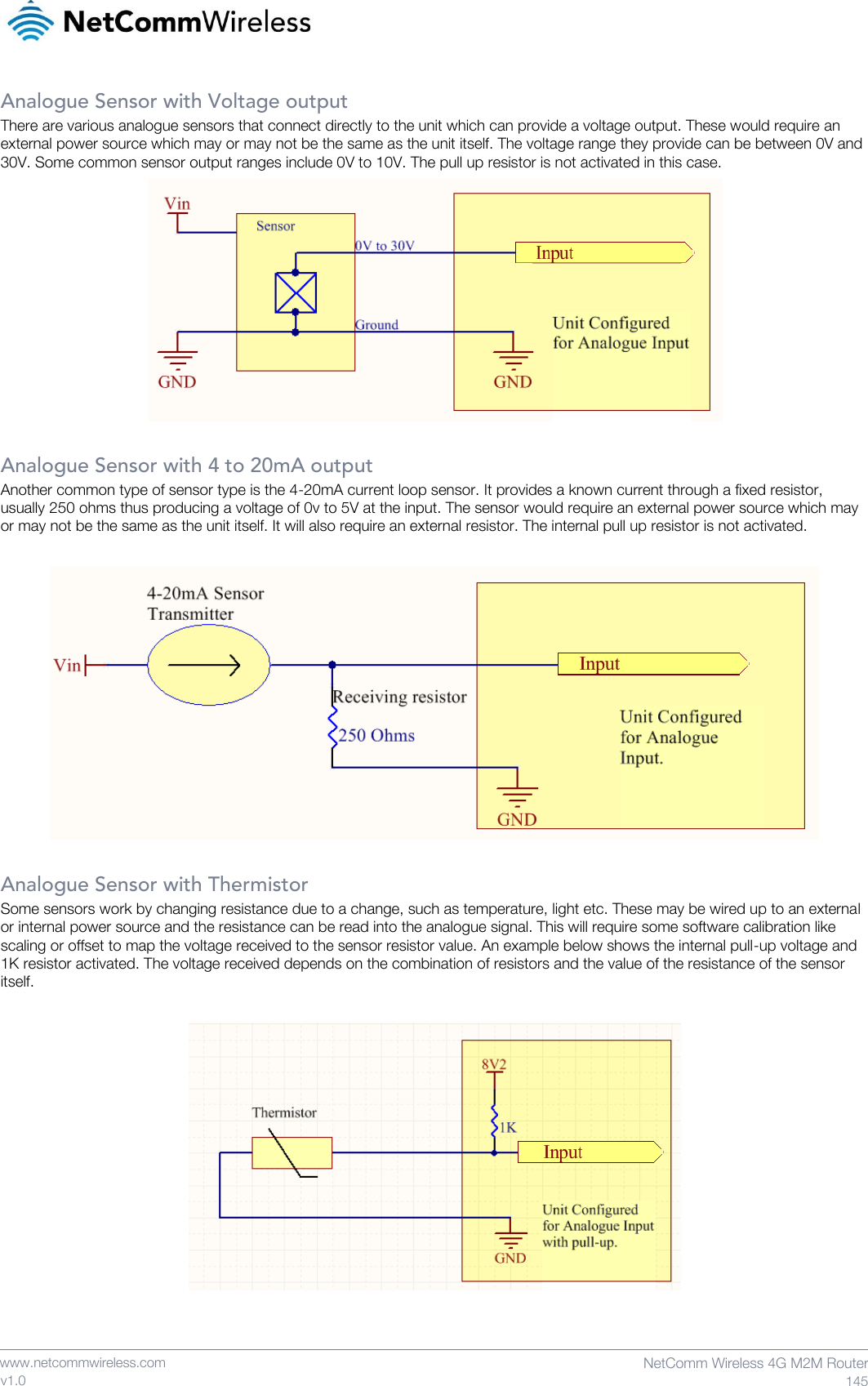    www.netcommwireless.com  NetComm Wireless 4G M2M Router  145 v1.0 Analogue Sensor with Voltage output There are various analogue sensors that connect directly to the unit which can provide a voltage output. These would require an external power source which may or may not be the same as the unit itself. The voltage range they provide can be between 0V and 30V. Some common sensor output ranges include 0V to 10V. The pull up resistor is not activated in this case.   Analogue Sensor with 4 to 20mA output Another common type of sensor type is the 4-20mA current loop sensor. It provides a known current through a fixed resistor, usually 250 ohms thus producing a voltage of 0v to 5V at the input. The sensor would require an external power source which may or may not be the same as the unit itself. It will also require an external resistor. The internal pull up resistor is not activated.    Analogue Sensor with Thermistor Some sensors work by changing resistance due to a change, such as temperature, light etc. These may be wired up to an external or internal power source and the resistance can be read into the analogue signal. This will require some software calibration like scaling or offset to map the voltage received to the sensor resistor value. An example below shows the internal pull-up voltage and 1K resistor activated. The voltage received depends on the combination of resistors and the value of the resistance of the sensor itself.      