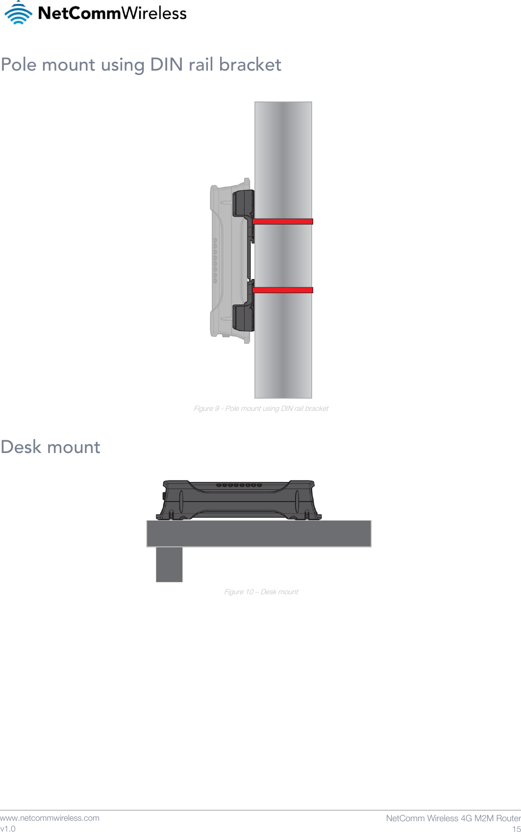    www.netcommwireless.com  NetComm Wireless 4G M2M Router  15 v1.0 Pole mount using DIN rail bracket   Figure 9 - Pole mount using DIN rail bracket Desk mount   Figure 10 – Desk mount     