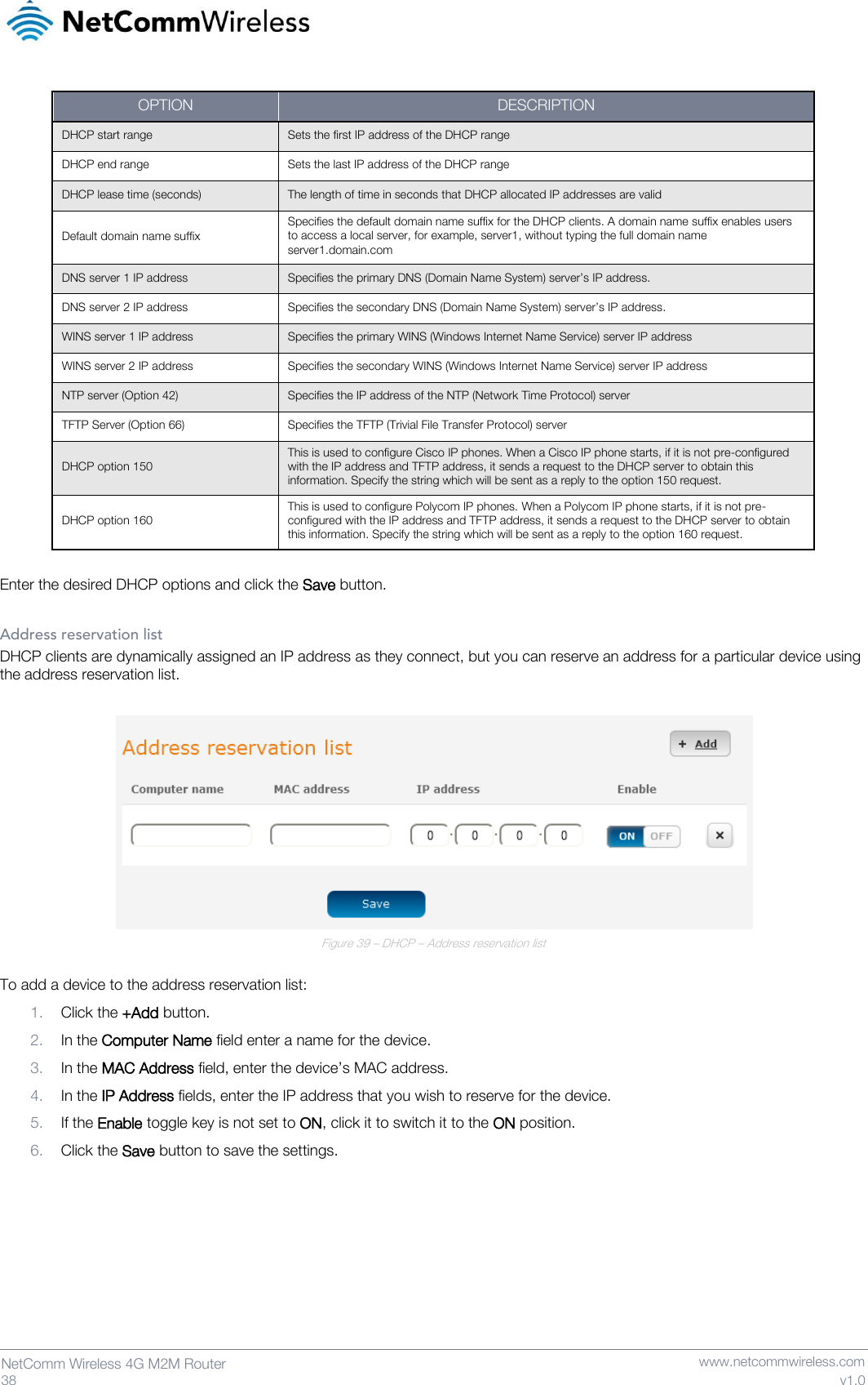   38  NetComm Wireless 4G M2M Router   www.netcommwireless.com v1.0 OPTION DESCRIPTION DHCP start range Sets the first IP address of the DHCP range  DHCP end range Sets the last IP address of the DHCP range DHCP lease time (seconds) The length of time in seconds that DHCP allocated IP addresses are valid  Default domain name suffix Specifies the default domain name suffix for the DHCP clients. A domain name suffix enables users to access a local server, for example, server1, without typing the full domain name server1.domain.com DNS server 1 IP address Specifies the primary DNS (Domain Name System) server’s IP address. DNS server 2 IP address Specifies the secondary DNS (Domain Name System) server’s IP address. WINS server 1 IP address Specifies the primary WINS (Windows Internet Name Service) server IP address WINS server 2 IP address Specifies the secondary WINS (Windows Internet Name Service) server IP address NTP server (Option 42) Specifies the IP address of the NTP (Network Time Protocol) server TFTP Server (Option 66) Specifies the TFTP (Trivial File Transfer Protocol) server DHCP option 150 This is used to configure Cisco IP phones. When a Cisco IP phone starts, if it is not pre-configured with the IP address and TFTP address, it sends a request to the DHCP server to obtain this information. Specify the string which will be sent as a reply to the option 150 request. DHCP option 160 This is used to configure Polycom IP phones. When a Polycom IP phone starts, if it is not pre-configured with the IP address and TFTP address, it sends a request to the DHCP server to obtain this information. Specify the string which will be sent as a reply to the option 160 request.  Enter the desired DHCP options and click the Save button.  Address reservation list DHCP clients are dynamically assigned an IP address as they connect, but you can reserve an address for a particular device using the address reservation list.   Figure 39 – DHCP – Address reservation list  To add a device to the address reservation list: 1. Click the +Add button. 2. In the Computer Name field enter a name for the device. 3. In the MAC Address field, enter the device’s MAC address. 4. In the IP Address fields, enter the IP address that you wish to reserve for the device. 5. If the Enable toggle key is not set to ON, click it to switch it to the ON position. 6. Click the Save button to save the settings.     