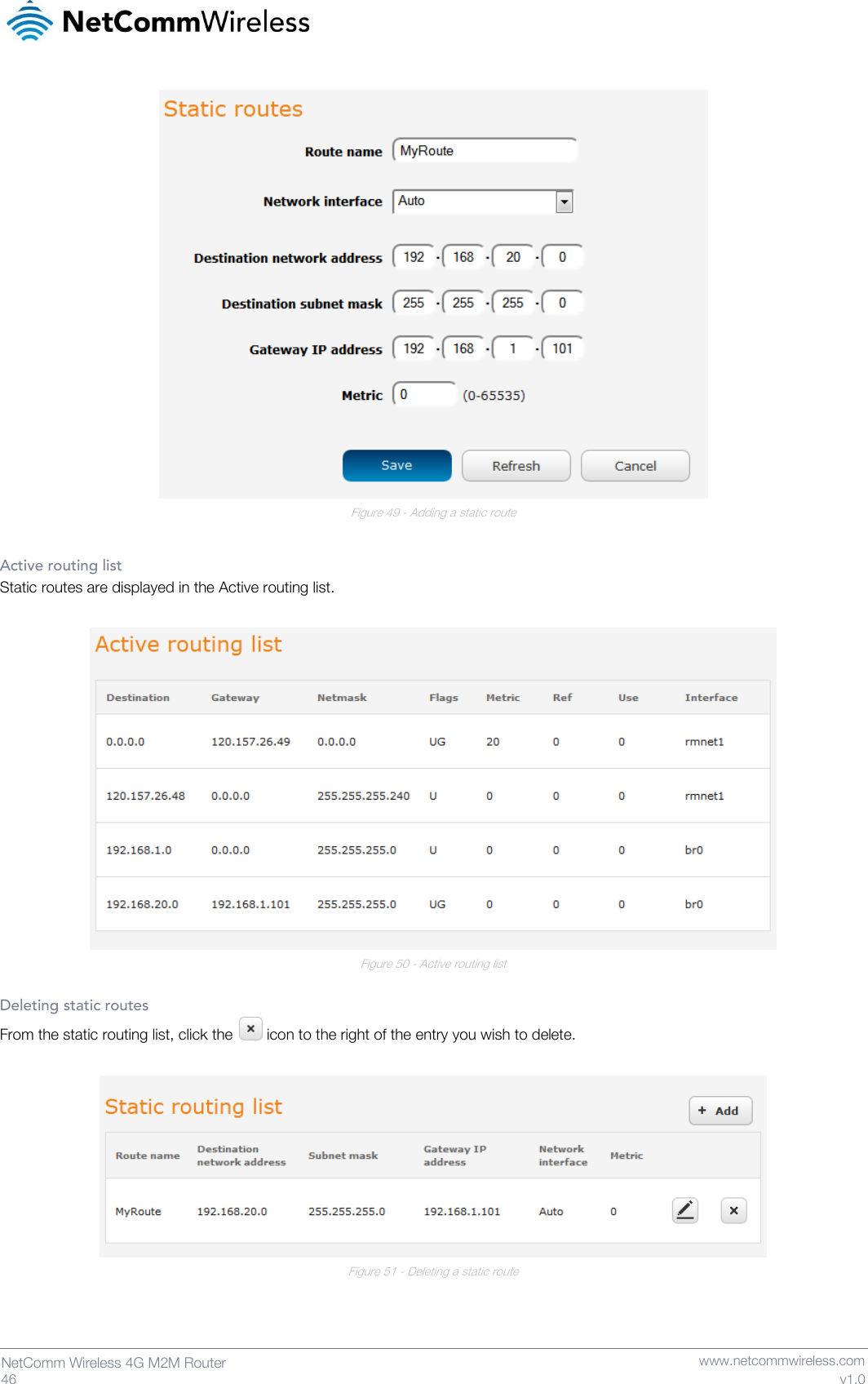   46  NetComm Wireless 4G M2M Router   www.netcommwireless.com v1.0  Figure 49 - Adding a static route  Active routing list Static routes are displayed in the Active routing list.   Figure 50 - Active routing list  Deleting static routes From the static routing list, click the   icon to the right of the entry you wish to delete.   Figure 51 - Deleting a static route   