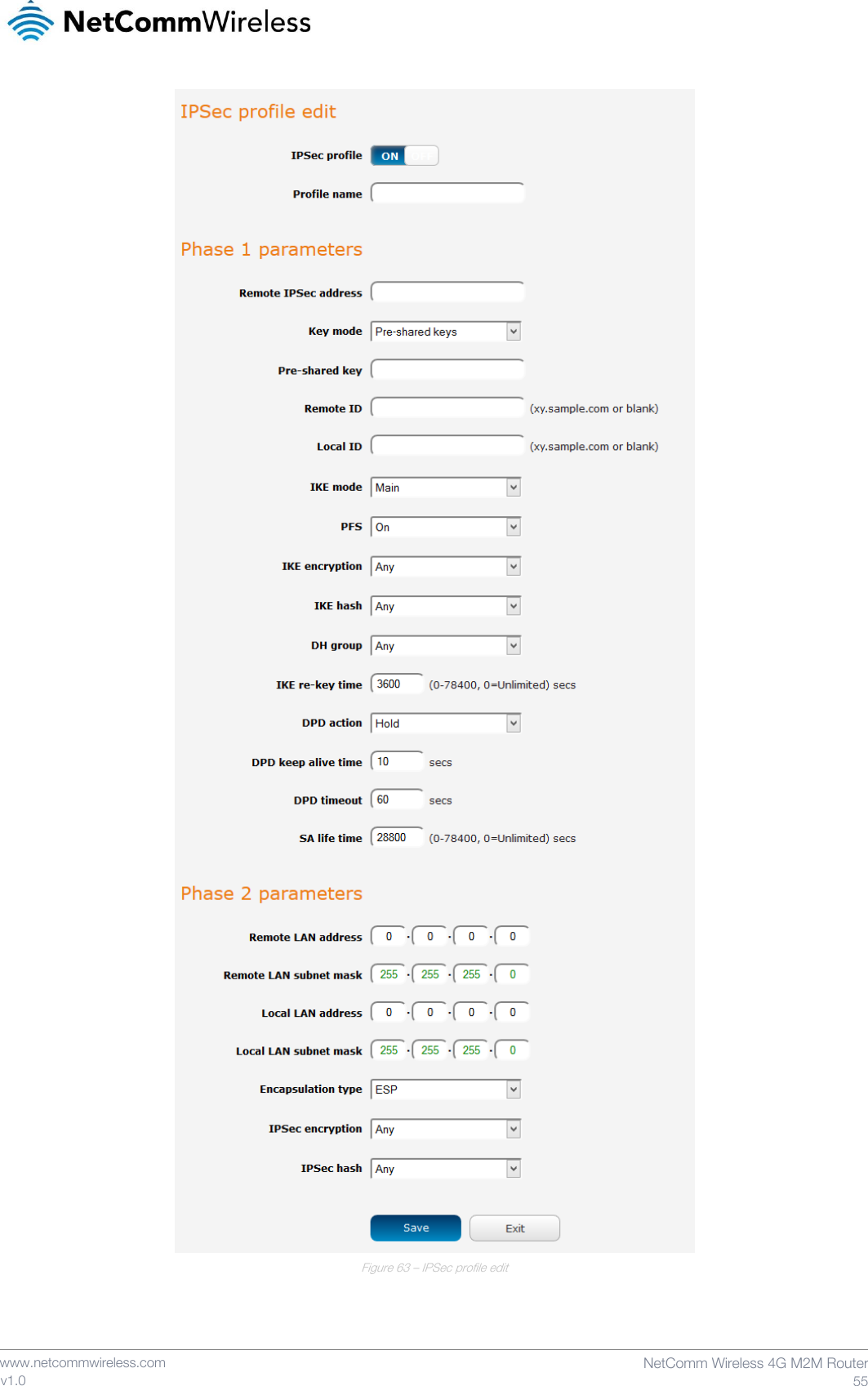    www.netcommwireless.com  NetComm Wireless 4G M2M Router  55 v1.0  Figure 63 – IPSec profile edit     