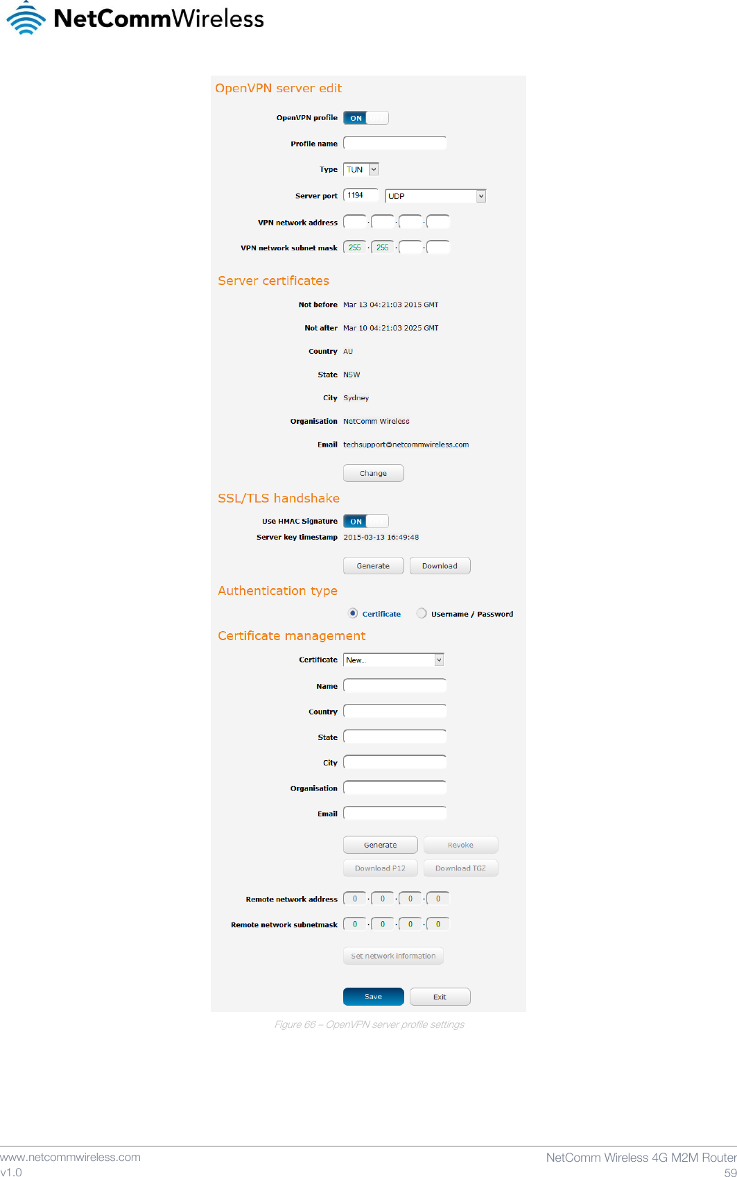    www.netcommwireless.com  NetComm Wireless 4G M2M Router  59 v1.0   Figure 66 – OpenVPN server profile settings   