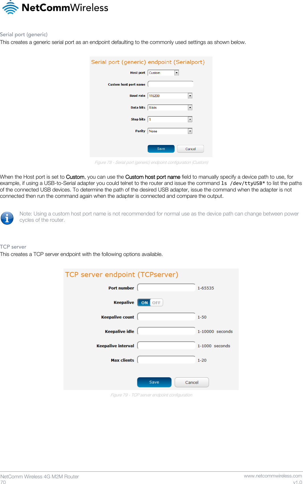   70  NetComm Wireless 4G M2M Router   www.netcommwireless.com v1.0 Serial port (generic) This creates a generic serial port as an endpoint defaulting to the commonly used settings as shown below.   Figure 78 - Serial port (generic) endpoint configuration (Custom)  When the Host port is set to Custom, you can use the Custom host port name field to manually specify a device path to use, for example, if using a USB-to-Serial adapter you could telnet to the router and issue the command ls /dev/ttyUSB* to list the paths of the connected USB devices. To determine the path of the desired USB adapter, issue the command when the adapter is not connected then run the command again when the adapter is connected and compare the output.  Note: Using a custom host port name is not recommended for normal use as the device path can change between power cycles of the router.   TCP server This creates a TCP server endpoint with the following options available.   Figure 79 - TCP server endpoint configuration     