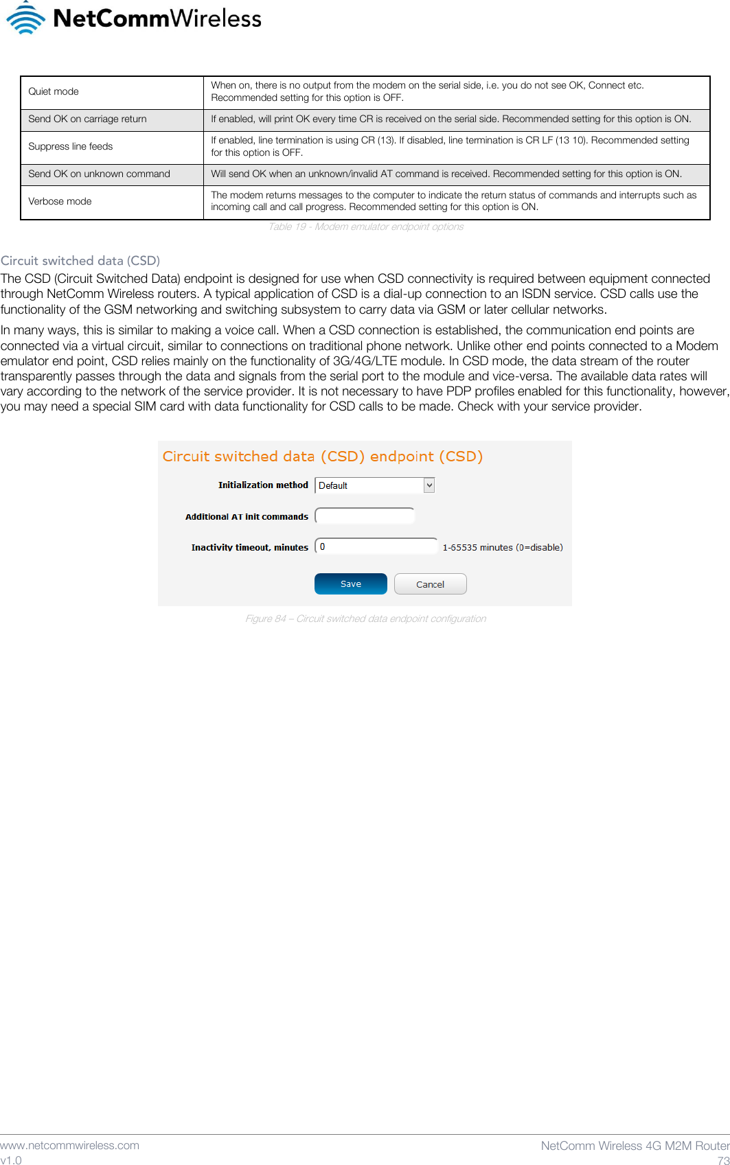    www.netcommwireless.com  NetComm Wireless 4G M2M Router  73 v1.0 Quiet mode When on, there is no output from the modem on the serial side, i.e. you do not see OK, Connect etc. Recommended setting for this option is OFF. Send OK on carriage return If enabled, will print OK every time CR is received on the serial side. Recommended setting for this option is ON. Suppress line feeds If enabled, line termination is using CR (13). If disabled, line termination is CR LF (13 10). Recommended setting for this option is OFF. Send OK on unknown command Will send OK when an unknown/invalid AT command is received. Recommended setting for this option is ON. Verbose mode The modem returns messages to the computer to indicate the return status of commands and interrupts such as incoming call and call progress. Recommended setting for this option is ON. Table 19 - Modem emulator endpoint options  Circuit switched data (CSD) The CSD (Circuit Switched Data) endpoint is designed for use when CSD connectivity is required between equipment connected through NetComm Wireless routers. A typical application of CSD is a dial-up connection to an ISDN service. CSD calls use the functionality of the GSM networking and switching subsystem to carry data via GSM or later cellular networks. In many ways, this is similar to making a voice call. When a CSD connection is established, the communication end points are connected via a virtual circuit, similar to connections on traditional phone network. Unlike other end points connected to a Modem emulator end point, CSD relies mainly on the functionality of 3G/4G/LTE module. In CSD mode, the data stream of the router transparently passes through the data and signals from the serial port to the module and vice-versa. The available data rates will vary according to the network of the service provider. It is not necessary to have PDP profiles enabled for this functionality, however, you may need a special SIM card with data functionality for CSD calls to be made. Check with your service provider.   Figure 84 – Circuit switched data endpoint configuration    