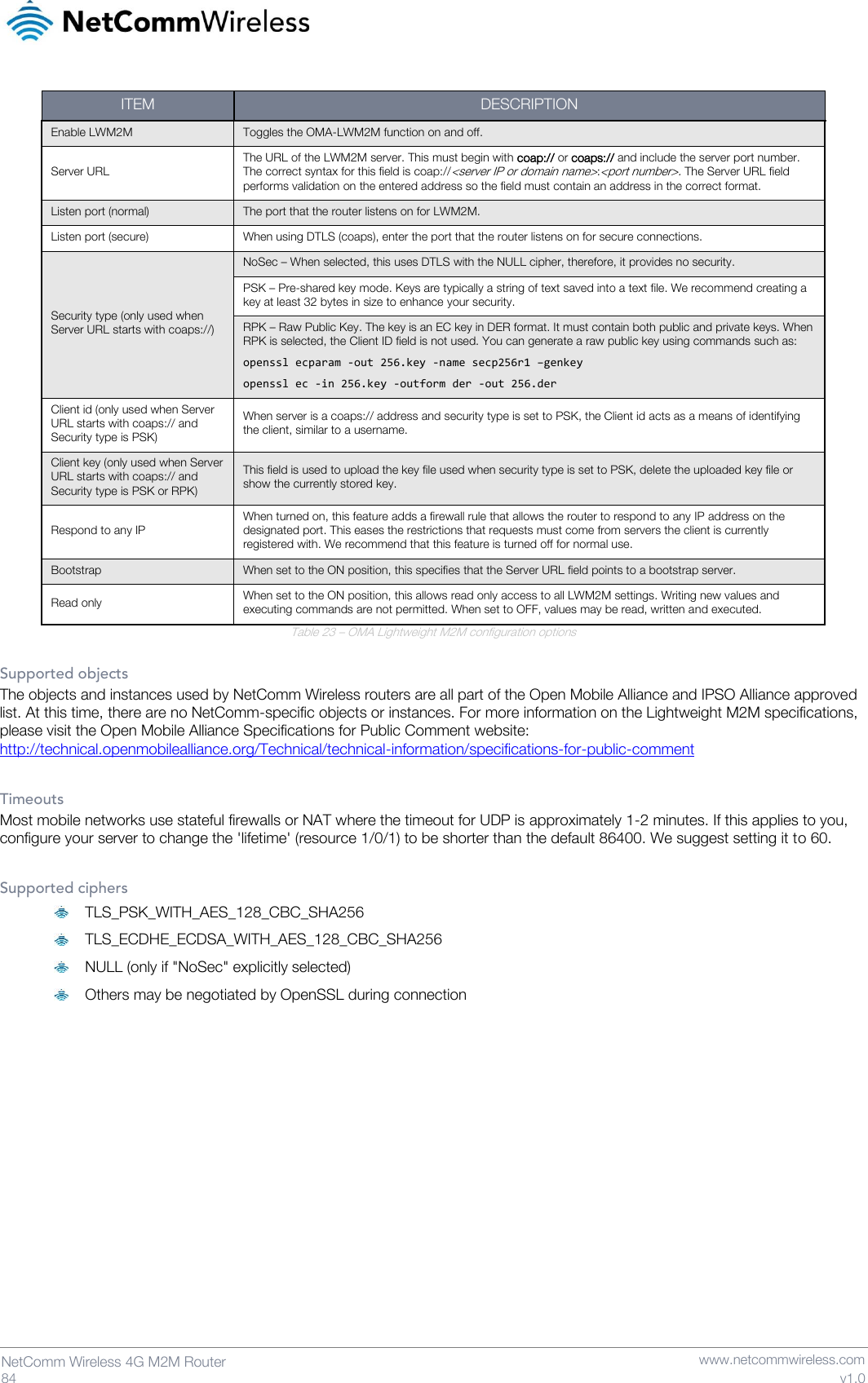   84  NetComm Wireless 4G M2M Router   www.netcommwireless.com v1.0 ITEM DESCRIPTION Enable LWM2M Toggles the OMA-LWM2M function on and off. Server URL The URL of the LWM2M server. This must begin with coap:// or coaps:// and include the server port number. The correct syntax for this field is coap://&lt;server IP or domain name&gt;:&lt;port number&gt;. The Server URL field performs validation on the entered address so the field must contain an address in the correct format. Listen port (normal) The port that the router listens on for LWM2M. Listen port (secure) When using DTLS (coaps), enter the port that the router listens on for secure connections. Security type (only used when Server URL starts with coaps://) NoSec – When selected, this uses DTLS with the NULL cipher, therefore, it provides no security. PSK – Pre-shared key mode. Keys are typically a string of text saved into a text file. We recommend creating a key at least 32 bytes in size to enhance your security. RPK – Raw Public Key. The key is an EC key in DER format. It must contain both public and private keys. When RPK is selected, the Client ID field is not used. You can generate a raw public key using commands such as: openssl ecparam -out 256.key -name secp256r1 –genkey openssl ec -in 256.key -outform der -out 256.der Client id (only used when Server URL starts with coaps:// and Security type is PSK) When server is a coaps:// address and security type is set to PSK, the Client id acts as a means of identifying the client, similar to a username. Client key (only used when Server URL starts with coaps:// and Security type is PSK or RPK) This field is used to upload the key file used when security type is set to PSK, delete the uploaded key file or show the currently stored key. Respond to any IP When turned on, this feature adds a firewall rule that allows the router to respond to any IP address on the designated port. This eases the restrictions that requests must come from servers the client is currently registered with. We recommend that this feature is turned off for normal use. Bootstrap When set to the ON position, this specifies that the Server URL field points to a bootstrap server. Read only When set to the ON position, this allows read only access to all LWM2M settings. Writing new values and executing commands are not permitted. When set to OFF, values may be read, written and executed. Table 23 – OMA Lightweight M2M configuration options  Supported objects The objects and instances used by NetComm Wireless routers are all part of the Open Mobile Alliance and IPSO Alliance approved list. At this time, there are no NetComm-specific objects or instances. For more information on the Lightweight M2M specifications, please visit the Open Mobile Alliance Specifications for Public Comment website: http://technical.openmobilealliance.org/Technical/technical-information/specifications-for-public-comment  Timeouts Most mobile networks use stateful firewalls or NAT where the timeout for UDP is approximately 1-2 minutes. If this applies to you, configure your server to change the &apos;lifetime&apos; (resource 1/0/1) to be shorter than the default 86400. We suggest setting it to 60.  Supported ciphers  TLS_PSK_WITH_AES_128_CBC_SHA256  TLS_ECDHE_ECDSA_WITH_AES_128_CBC_SHA256  NULL (only if &quot;NoSec&quot; explicitly selected)  Others may be negotiated by OpenSSL during connection     