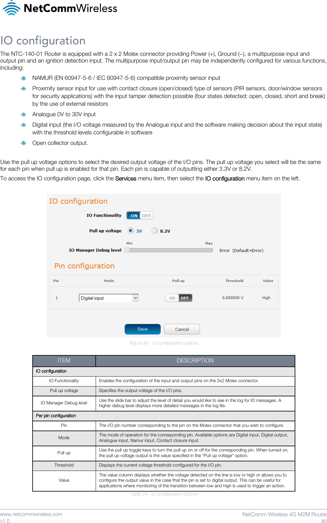    www.netcommwireless.com  NetComm Wireless 4G M2M Router  85 v1.0 IO configuration The NTC-140-01 Router is equipped with a 2 x 2 Molex connector providing Power (+), Ground (−), a multipurpose input and output pin and an ignition detection input. The multipurpose input/output pin may be independently configured for various functions, including:  NAMUR (EN 60947-5-6 / IEC 60947-5-6) compatible proximity sensor input  Proximity sensor input for use with contact closure (open/closed) type of sensors (PIR sensors, door/window sensors for security applications) with the input tamper detection possible (four states detected: open, closed, short and break) by the use of external resistors  Analogue 0V to 30V input  Digital input (the I/O voltage measured by the Analogue input and the software making decision about the input state) with the threshold levels configurable in software  Open collector output.  Use the pull up voltage options to select the desired output voltage of the I/O pins. The pull up voltage you select will be the same for each pin when pull up is enabled for that pin. Each pin is capable of outputting either 3.3V or 8.2V. To access the IO configuration page, click the Services menu item, then select the IO configuration menu item on the left.   Figure 96 – IO configuration options  ITEM DESCRIPTION IO configuration IO Functionality Enables the configuration of the input and output pins on the 2x2 Molex connector. Pull up voltage Specifies the output voltage of the I/O pins. IO Manager Debug level Use the slide bar to adjust the level of detail you would like to see in the log for IO messages. A higher debug level displays more detailed messages in the log file. Per pin configuration Pin The I/O pin number corresponding to the pin on the Molex connector that you wish to configure. Mode The mode of operation for the corresponding pin. Available options are Digital input, Digital output, Analogue input, Namur input, Contact closure input. Pull up Use the pull up toggle keys to turn the pull up on or off for the corresponding pin. When turned on, the pull up voltage output is the value specified in the “Pull up voltage” option. Threshold Displays the current voltage threshold configured for the I/O pin. Value The value column displays whether the voltage detected on the line is low or high or allows you to configure the output value in the case that the pin is set to digital output. This can be useful for applications where monitoring of the transition between low and high is used to trigger an action. Table 24 - IO configuration options   