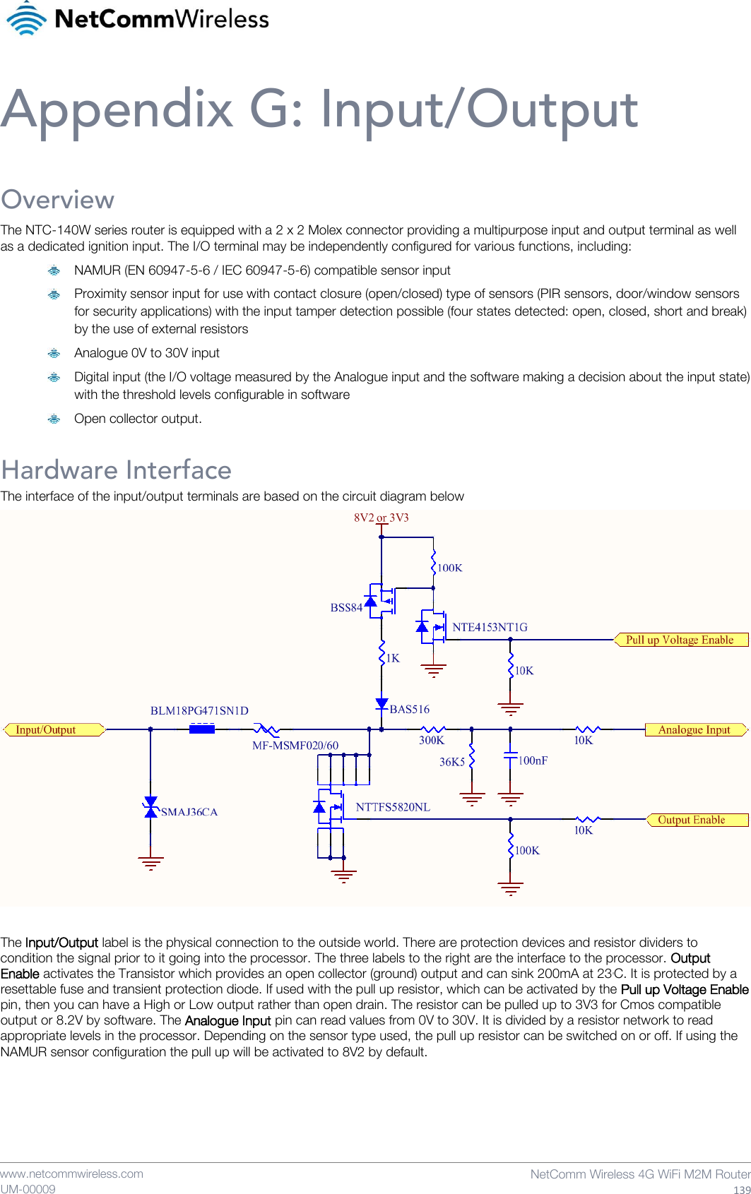    www.netcommwireless.com  NetComm Wireless 4G WiFi M2M Router  139 UM-00009 Appendix G: Input/Output Overview The NTC-140W series router is equipped with a 2 x 2 Molex connector providing a multipurpose input and output terminal as well as a dedicated ignition input. The I/O terminal may be independently configured for various functions, including:  NAMUR (EN 60947-5-6 / IEC 60947-5-6) compatible sensor input  Proximity sensor input for use with contact closure (open/closed) type of sensors (PIR sensors, door/window sensors for security applications) with the input tamper detection possible (four states detected: open, closed, short and break) by the use of external resistors  Analogue 0V to 30V input  Digital input (the I/O voltage measured by the Analogue input and the software making a decision about the input state) with the threshold levels configurable in software  Open collector output.  Hardware Interface The interface of the input/output terminals are based on the circuit diagram below   The Input/Output label is the physical connection to the outside world. There are protection devices and resistor dividers to condition the signal prior to it going into the processor. The three labels to the right are the interface to the processor. Output Enable activates the Transistor which provides an open collector (ground) output and can sink 200mA at 230C. It is protected by a resettable fuse and transient protection diode. If used with the pull up resistor, which can be activated by the Pull up Voltage Enable pin, then you can have a High or Low output rather than open drain. The resistor can be pulled up to 3V3 for Cmos compatible output or 8.2V by software. The Analogue Input pin can read values from 0V to 30V. It is divided by a resistor network to read appropriate levels in the processor. Depending on the sensor type used, the pull up resistor can be switched on or off. If using the NAMUR sensor configuration the pull up will be activated to 8V2 by default.    