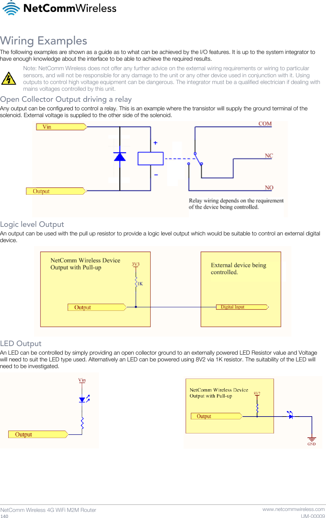   140  NetComm Wireless 4G WiFi M2M Router   www.netcommwireless.com UM-00009 Wiring Examples The following examples are shown as a guide as to what can be achieved by the I/O features. It is up to the system integrator to have enough knowledge about the interface to be able to achieve the required results.  Note: NetComm Wireless does not offer any further advice on the external wiring requirements or wiring to particular sensors, and will not be responsible for any damage to the unit or any other device used in conjunction with it. Using outputs to control high voltage equipment can be dangerous. The integrator must be a qualified electrician if dealing with mains voltages controlled by this unit. Open Collector Output driving a relay Any output can be configured to control a relay. This is an example where the transistor will supply the ground terminal of the solenoid. External voltage is supplied to the other side of the solenoid.   Logic level Output An output can be used with the pull up resistor to provide a logic level output which would be suitable to control an external digital device.   LED Output An LED can be controlled by simply providing an open collector ground to an externally powered LED Resistor value and Voltage will need to suit the LED type used. Alternatively an LED can be powered using 8V2 via 1K resistor. The suitability of the LED will need to be investigated.             