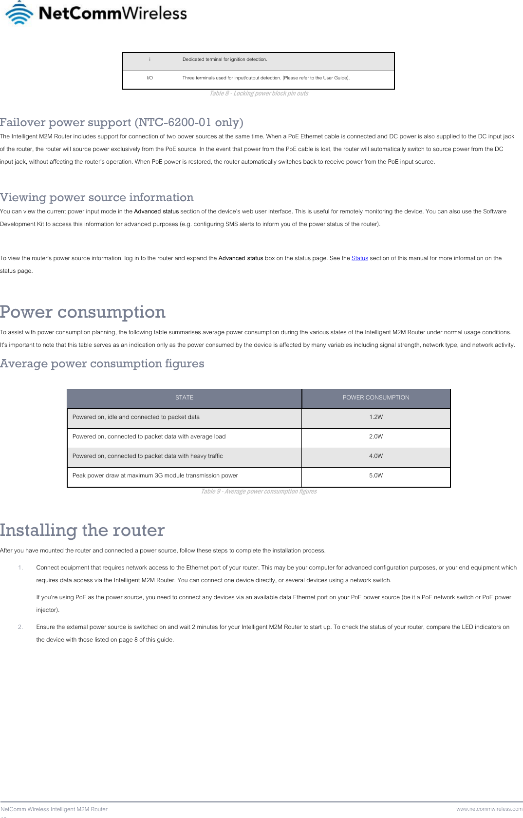 18  NetComm Wireless Intelligent M2M Router www.netcommwireless.comi  Dedicated terminal for ignition detection.  I/O  Three terminals used for input/output detection. (Please refer to the User Guide). Table 8 - Locking power block pin outs  Failover power support (NTC-6200-01 only) The Intelligent M2M Router includes support for connection of two power sources at the same time. When a PoE Ethernet cable is connected and DC power is also supplied to the DC input jack of the router, the router will source power exclusively from the PoE source. In the event that power from the PoE cable is lost, the router will automatically switch to source power from the DC input jack, without affecting the router’s operation. When PoE power is restored, the router automatically switches back to receive power from the PoE input source.  Viewing power source information You can view the current power input mode in the Advanced status section of the device’s web user interface. This is useful for remotely monitoring the device. You can also use the Software Development Kit to access this information for advanced purposes (e.g. configuring SMS alerts to inform you of the power status of the router).  To view the router’s power source information, log in to the router and expand the Advanced status box on the status page. See the Status section of this manual for more information on the status page. Power consumption To assist with power consumption planning, the following table summarises average power consumption during the various states of the Intelligent M2M Router under normal usage conditions. It’s important to note that this table serves as an indication only as the power consumed by the device is affected by many variables including signal strength, network type, and network activity. Average power consumption figures  STATE  POWER CONSUMPTION Powered on, idle and connected to packet data  1.2W Powered on, connected to packet data with average load  2.0W Powered on, connected to packet data with heavy traffic  4.0W Peak power draw at maximum 3G module transmission power  5.0W Table 9 - Average power consumption figures Installing the router After you have mounted the router and connected a power source, follow these steps to complete the installation process. 1. Connect equipment that requires network access to the Ethernet port of your router. This may be your computer for advanced configuration purposes, or your end equipment which requires data access via the Intelligent M2M Router. You can connect one device directly, or several devices using a network switch. If you’re using PoE as the power source, you need to connect any devices via an available data Ethernet port on your PoE power source (be it a PoE network switch or PoE power injector). 2. Ensure the external power source is switched on and wait 2 minutes for your Intelligent M2M Router to start up. To check the status of your router, compare the LED indicators on the device with those listed on page 8 of this guide.   