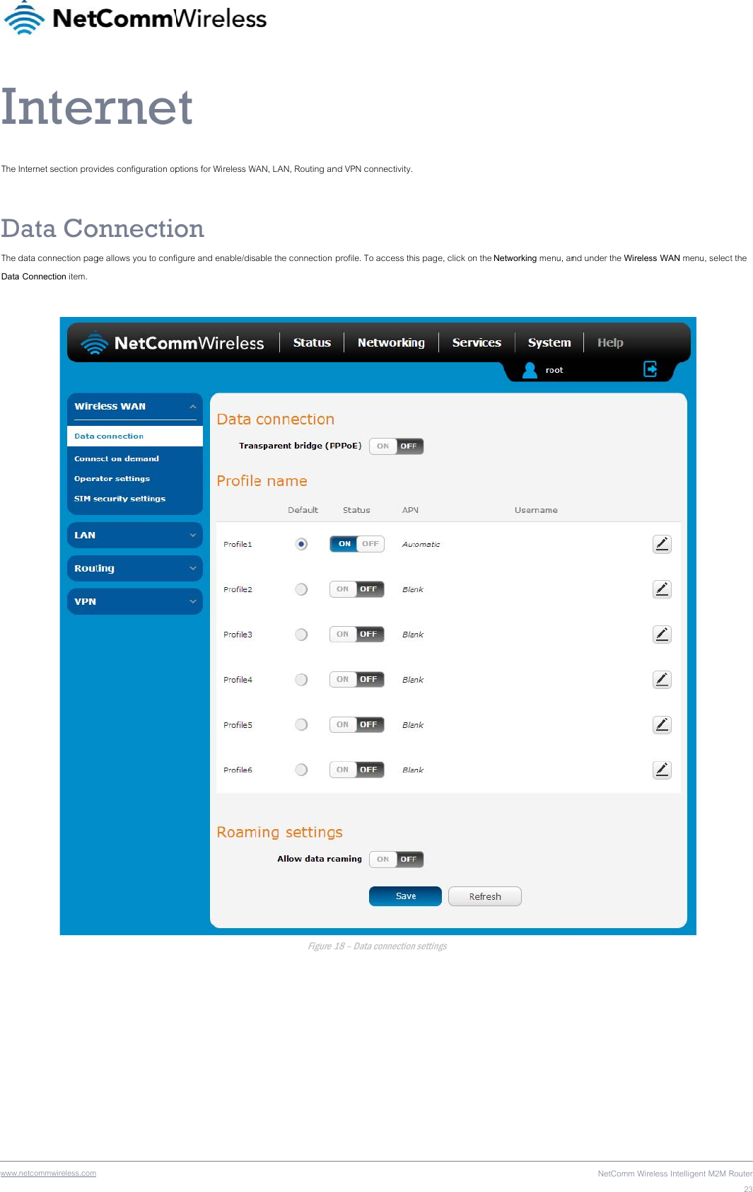 wwwIThe DThe Data .netcommwireless.com nterInternet section provData Codata connection paga Connection item.  rnevides configuration oponnectioge allows you to conft ptions for Wireless Won igure and enable/dis WAN, LAN, Routing anable the connection Figure 1nd VPN connectivity.  profile. To access th18 – Data connection is page, click on the n settings  Networking menu, anNetComm Wirend under the Wireleseless Intelligent M2M Rss WAN menu, select Router23t the 
