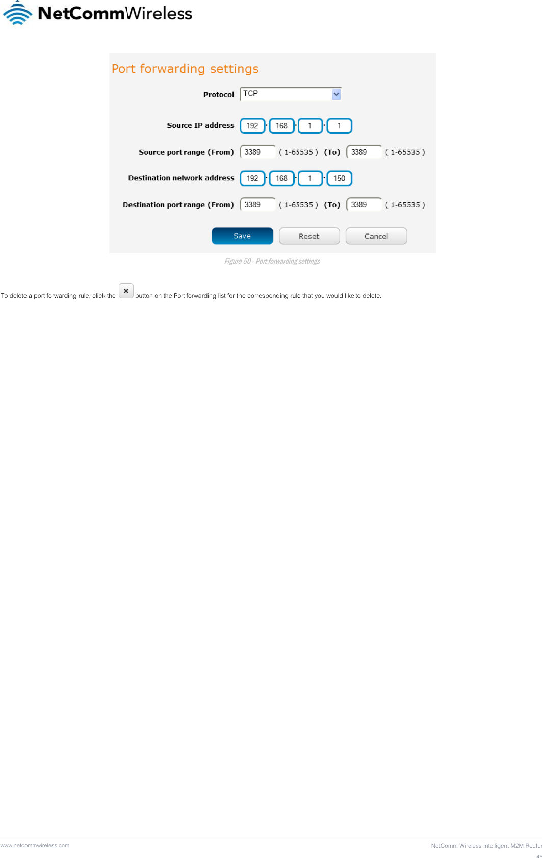 www To d.netcommwireless.com delete a port forwardin ng rule, click the   button on the Port Figure t forwarding list for the 50 - Port forwarding she corresponding rule settings e that you would like to delete. NetComm Wire eless Intelligent M2M RRouter45