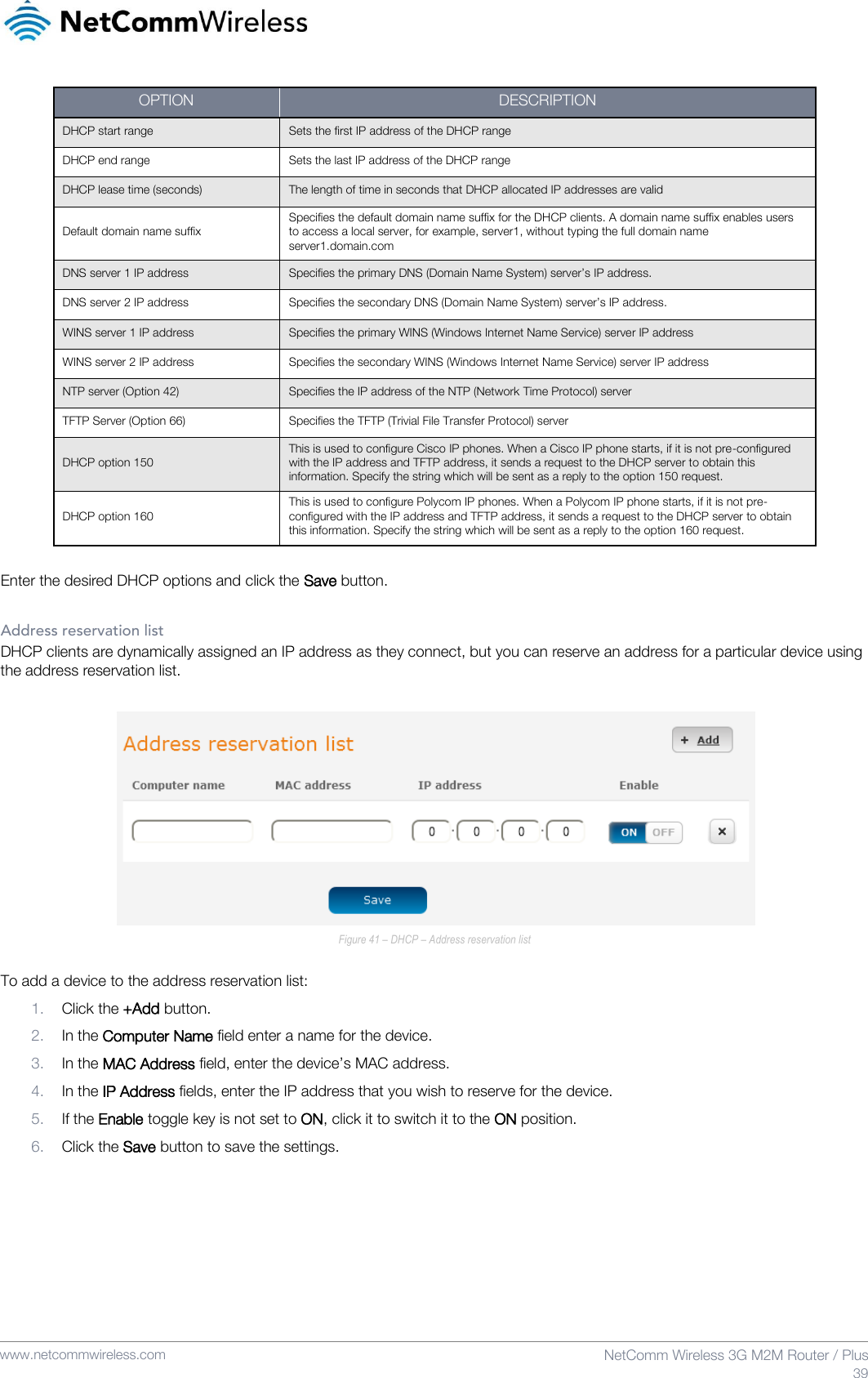    www.netcommwireless.com  NetComm Wireless 3G M2M Router / Plus  39 OPTION DESCRIPTION DHCP start range Sets the first IP address of the DHCP range  DHCP end range Sets the last IP address of the DHCP range DHCP lease time (seconds) The length of time in seconds that DHCP allocated IP addresses are valid  Default domain name suffix Specifies the default domain name suffix for the DHCP clients. A domain name suffix enables users to access a local server, for example, server1, without typing the full domain name server1.domain.com DNS server 1 IP address Specifies the primary DNS (Domain Name System) server’s IP address. DNS server 2 IP address Specifies the secondary DNS (Domain Name System) server’s IP address. WINS server 1 IP address Specifies the primary WINS (Windows Internet Name Service) server IP address WINS server 2 IP address Specifies the secondary WINS (Windows Internet Name Service) server IP address NTP server (Option 42) Specifies the IP address of the NTP (Network Time Protocol) server TFTP Server (Option 66) Specifies the TFTP (Trivial File Transfer Protocol) server DHCP option 150 This is used to configure Cisco IP phones. When a Cisco IP phone starts, if it is not pre-configured with the IP address and TFTP address, it sends a request to the DHCP server to obtain this information. Specify the string which will be sent as a reply to the option 150 request. DHCP option 160 This is used to configure Polycom IP phones. When a Polycom IP phone starts, if it is not pre-configured with the IP address and TFTP address, it sends a request to the DHCP server to obtain this information. Specify the string which will be sent as a reply to the option 160 request.  Enter the desired DHCP options and click the Save button.  Address reservation list DHCP clients are dynamically assigned an IP address as they connect, but you can reserve an address for a particular device using the address reservation list.   Figure 41 – DHCP – Address reservation list  To add a device to the address reservation list: 1. Click the +Add button. 2. In the Computer Name field enter a name for the device. 3. In the MAC Address field, enter the device’s MAC address. 4. In the IP Address fields, enter the IP address that you wish to reserve for the device. 5. If the Enable toggle key is not set to ON, click it to switch it to the ON position. 6. Click the Save button to save the settings.    