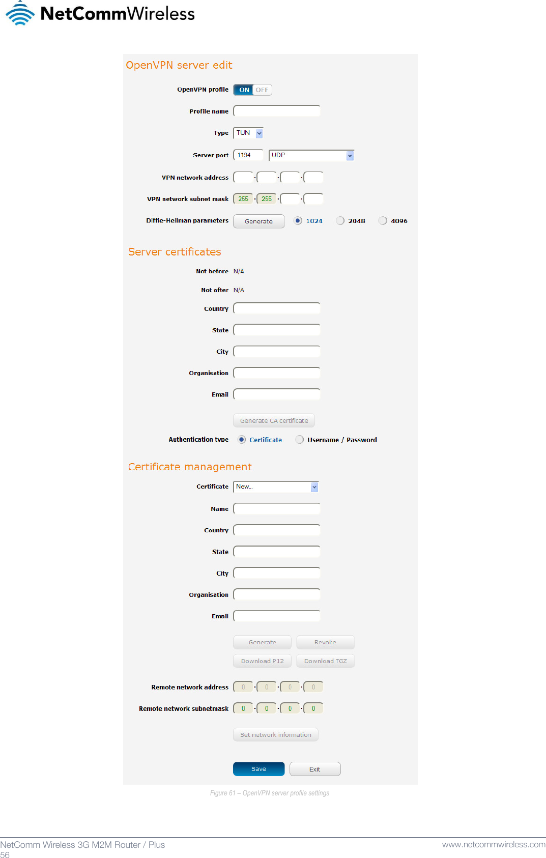   56  NetComm Wireless 3G M2M Router / Plus   www.netcommwireless.com  Figure 61 – OpenVPN server profile settings   