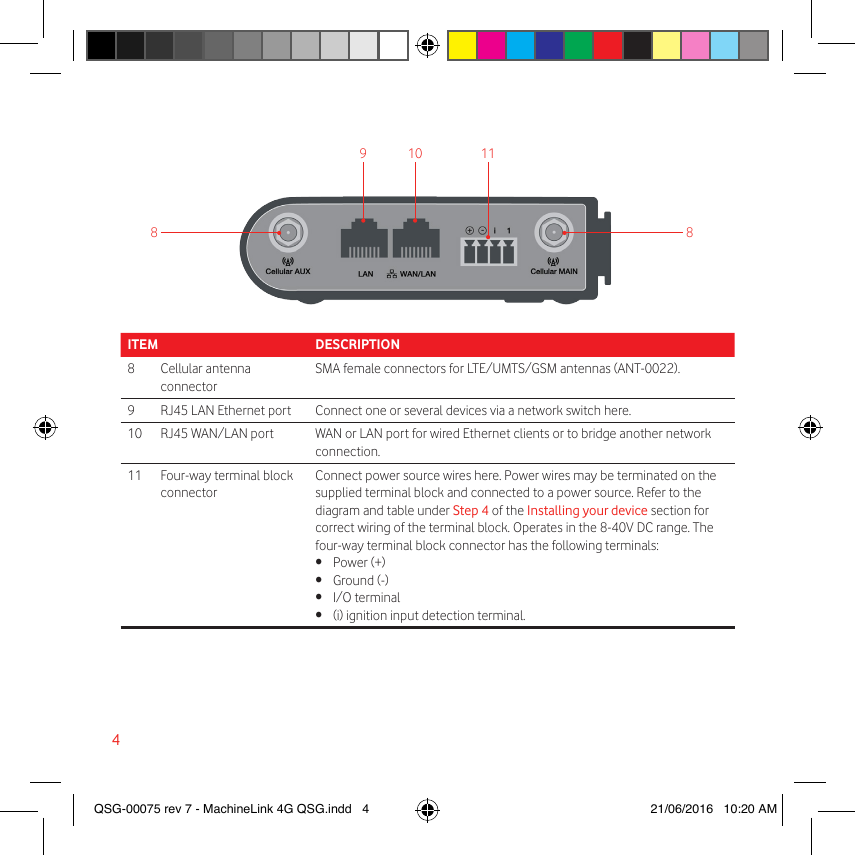 4ITEM DESCRIPTION8 Cellular antenna connectorSMA female connectors for LTE/UMTS/GSM antennas (ANT-0022).9 RJ45 LAN Ethernet port Connect one or several devices via a network switch here.10 RJ45 WAN/LAN port WAN or LAN port for wired Ethernet clients or to bridge another network connection.11 Four-way terminal block connectorConnect power source wires here. Power wires may be terminated on thesupplied terminal block and connected to a power source. Refer to thediagram and table under Step 4 of the Installing your device section forcorrect wiring of the terminal block. Operates in the 8-40V DC range. Thefour-way terminal block connector has the following terminals:•  Power (+)•  Ground (-)•  I/O terminal•  (i) ignition input detection terminal.89 10 118QSG-00075 rev 7 - MachineLink 4G QSG.indd   4 21/06/2016   10:20 AM