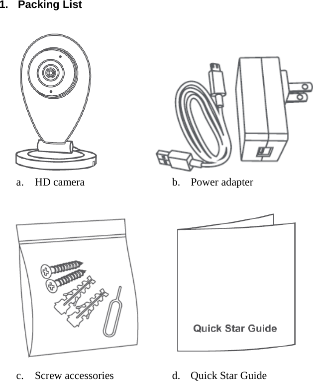 1. Packing Lista. HD camera b. Power adapterc. Screw accessories d. Quick Star Guide
