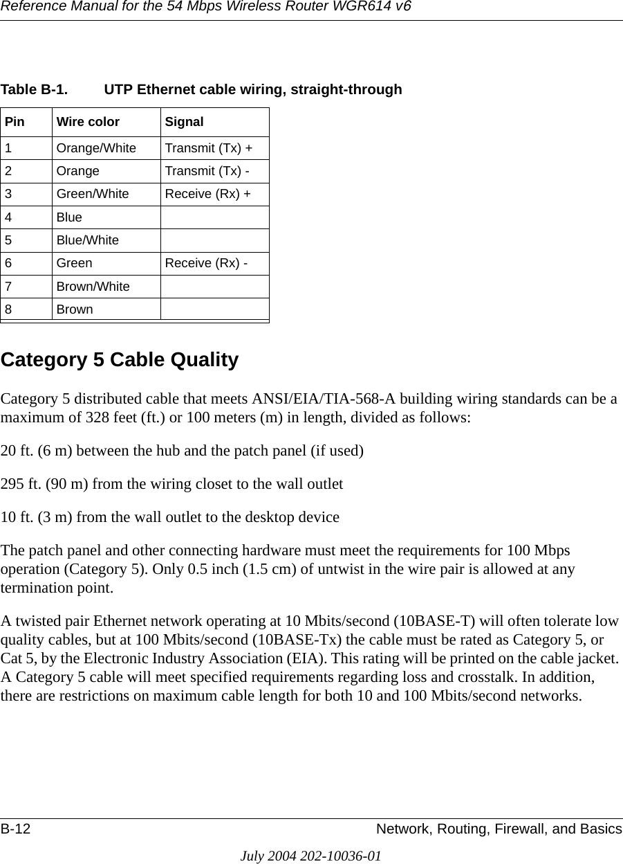 Reference Manual for the 54 Mbps Wireless Router WGR614 v6B-12 Network, Routing, Firewall, and BasicsJuly 2004 202-10036-01Category 5 Cable QualityCategory 5 distributed cable that meets ANSI/EIA/TIA-568-A building wiring standards can be a maximum of 328 feet (ft.) or 100 meters (m) in length, divided as follows:20 ft. (6 m) between the hub and the patch panel (if used)295 ft. (90 m) from the wiring closet to the wall outlet10 ft. (3 m) from the wall outlet to the desktop deviceThe patch panel and other connecting hardware must meet the requirements for 100 Mbps operation (Category 5). Only 0.5 inch (1.5 cm) of untwist in the wire pair is allowed at any termination point.A twisted pair Ethernet network operating at 10 Mbits/second (10BASE-T) will often tolerate low quality cables, but at 100 Mbits/second (10BASE-Tx) the cable must be rated as Category 5, or Cat 5, by the Electronic Industry Association (EIA). This rating will be printed on the cable jacket. A Category 5 cable will meet specified requirements regarding loss and crosstalk. In addition, there are restrictions on maximum cable length for both 10 and 100 Mbits/second networks.Table B-1. UTP Ethernet cable wiring, straight-throughPin Wire color Signal1 Orange/White Transmit (Tx) +2 Orange Transmit (Tx) -3 Green/White Receive (Rx) +4Blue5 Blue/White6 Green Receive (Rx) -7 Brown/White8Brown