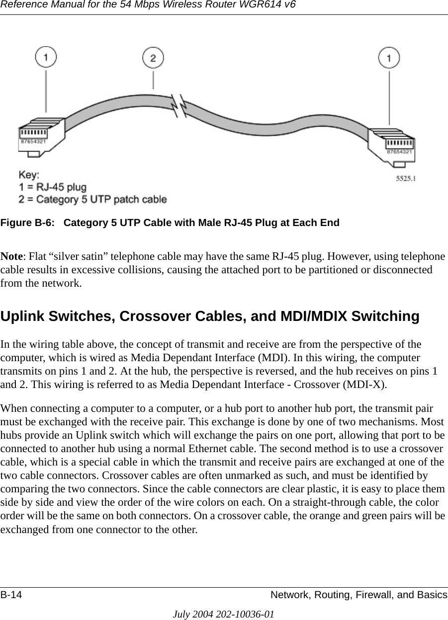 Reference Manual for the 54 Mbps Wireless Router WGR614 v6B-14 Network, Routing, Firewall, and BasicsJuly 2004 202-10036-01Figure B-6:   Category 5 UTP Cable with Male RJ-45 Plug at Each EndNote: Flat “silver satin” telephone cable may have the same RJ-45 plug. However, using telephone cable results in excessive collisions, causing the attached port to be partitioned or disconnected from the network.Uplink Switches, Crossover Cables, and MDI/MDIX SwitchingIn the wiring table above, the concept of transmit and receive are from the perspective of the computer, which is wired as Media Dependant Interface (MDI). In this wiring, the computer transmits on pins 1 and 2. At the hub, the perspective is reversed, and the hub receives on pins 1 and 2. This wiring is referred to as Media Dependant Interface - Crossover (MDI-X). When connecting a computer to a computer, or a hub port to another hub port, the transmit pair must be exchanged with the receive pair. This exchange is done by one of two mechanisms. Most hubs provide an Uplink switch which will exchange the pairs on one port, allowing that port to be connected to another hub using a normal Ethernet cable. The second method is to use a crossover cable, which is a special cable in which the transmit and receive pairs are exchanged at one of the two cable connectors. Crossover cables are often unmarked as such, and must be identified by comparing the two connectors. Since the cable connectors are clear plastic, it is easy to place them side by side and view the order of the wire colors on each. On a straight-through cable, the color order will be the same on both connectors. On a crossover cable, the orange and green pairs will be exchanged from one connector to the other.