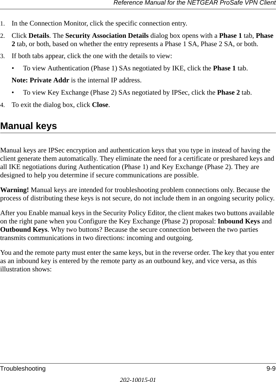 Reference Manual for the NETGEAR ProSafe VPN ClientTroubleshooting 9-9202-10015-011. In the Connection Monitor, click the specific connection entry.2. Click Details. The Security Association Details dialog box opens with a Phase 1 tab, Phase 2 tab, or both, based on whether the entry represents a Phase 1 SA, Phase 2 SA, or both. 3. If both tabs appear, click the one with the details to view:• To view Authentication (Phase 1) SAs negotiated by IKE, click the Phase 1 tab. Note: Private Addr is the internal IP address. • To view Key Exchange (Phase 2) SAs negotiated by IPSec, click the Phase 2 tab.4. To exit the dialog box, click Close.Manual keysManual keys are IPSec encryption and authentication keys that you type in instead of having the client generate them automatically. They eliminate the need for a certificate or preshared keys and all IKE negotiations during Authentication (Phase 1) and Key Exchange (Phase 2). They are designed to help you determine if secure communications are possible.Warning! Manual keys are intended for troubleshooting problem connections only. Because the process of distributing these keys is not secure, do not include them in an ongoing security policy.After you Enable manual keys in the Security Policy Editor, the client makes two buttons available on the right pane when you Configure the Key Exchange (Phase 2) proposal: Inbound Keys and Outbound Keys. Why two buttons? Because the secure connection between the two parties transmits communications in two directions: incoming and outgoing.You and the remote party must enter the same keys, but in the reverse order. The key that you enter as an inbound key is entered by the remote party as an outbound key, and vice versa, as this illustration shows:
