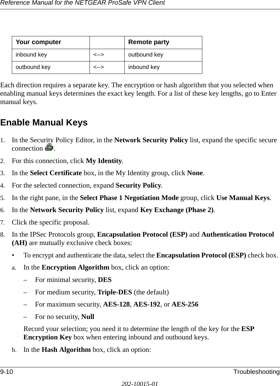 Reference Manual for the NETGEAR ProSafe VPN Client9-10 Troubleshooting202-10015-01Each direction requires a separate key. The encryption or hash algorithm that you selected when enabling manual keys determines the exact key length. For a list of these key lengths, go to Enter manual keys.Enable Manual Keys1. In the Security Policy Editor, in the Network Security Policy list, expand the specific secure connection .2. For this connection, click My Identity.3. In the Select Certificate box, in the My Identity group, click None.4. For the selected connection, expand Security Policy.5. In the right pane, in the Select Phase 1 Negotiation Mode group, click Use Manual Keys.6. In the Network Security Policy list, expand Key Exchange (Phase 2). 7. Click the specific proposal.8. In the IPSec Protocols group, Encapsulation Protocol (ESP) and Authentication Protocol (AH) are mutually exclusive check boxes:• To encrypt and authenticate the data, select the Encapsulation Protocol (ESP) check box. a. In the Encryption Algorithm box, click an option:– For minimal security, DES – For medium security, Triple-DES (the default)– For maximum security, AES-128, AES-192, or AES-256– For no security, Null Record your selection; you need it to determine the length of the key for the ESP Encryption Key box when entering inbound and outbound keys.b. In the Hash Algorithm box, click an option:Your computer Remote partyinbound key &lt;--&gt; outbound keyoutbound key &lt;--&gt; inbound key