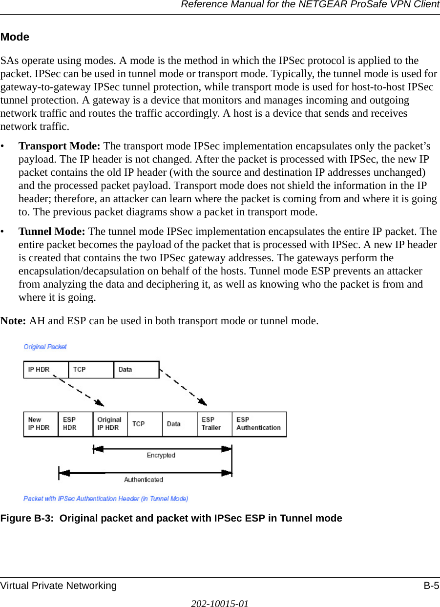Reference Manual for the NETGEAR ProSafe VPN ClientVirtual Private Networking B-5202-10015-01ModeSAs operate using modes. A mode is the method in which the IPSec protocol is applied to the packet. IPSec can be used in tunnel mode or transport mode. Typically, the tunnel mode is used for gateway-to-gateway IPSec tunnel protection, while transport mode is used for host-to-host IPSec tunnel protection. A gateway is a device that monitors and manages incoming and outgoing network traffic and routes the traffic accordingly. A host is a device that sends and receives network traffic.•Transport Mode: The transport mode IPSec implementation encapsulates only the packet’s payload. The IP header is not changed. After the packet is processed with IPSec, the new IP packet contains the old IP header (with the source and destination IP addresses unchanged) and the processed packet payload. Transport mode does not shield the information in the IP header; therefore, an attacker can learn where the packet is coming from and where it is going to. The previous packet diagrams show a packet in transport mode.•Tunnel Mode: The tunnel mode IPSec implementation encapsulates the entire IP packet. The entire packet becomes the payload of the packet that is processed with IPSec. A new IP header is created that contains the two IPSec gateway addresses. The gateways perform the encapsulation/decapsulation on behalf of the hosts. Tunnel mode ESP prevents an attacker from analyzing the data and deciphering it, as well as knowing who the packet is from and where it is going.Note: AH and ESP can be used in both transport mode or tunnel mode.Figure B-3:  Original packet and packet with IPSec ESP in Tunnel mode