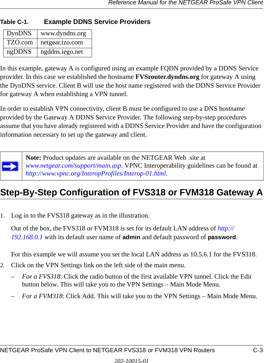 Reference Manual for the NETGEAR ProSafe VPN ClientNETGEAR ProSafe VPN Client to NETGEAR FVS318 or FVM318 VPN Routers C-3202-10015-01Table C-1. Example DDNS Service ProvidersIn this example, gateway A is configured using an example FQDN provided by a DDNS Service provider. In this case we established the hostname FVSrouter.dyndns.org for gateway A using the DynDNS service. Client B will use the host name registered with the DDNS Service Provider for gateway A when establishing a VPN tunnel. In order to establish VPN connectivity, client B must be configured to use a DNS hostname provided by the Gateway A DDNS Service Provider. The following step-by-step procedures assume that you have already registered with a DDNS Service Provider and have the configuration information necessary to set up the gateway and client.Step-By-Step Configuration of FVS318 or FVM318 Gateway A1. Log in to the FVS318 gateway as in the illustration.Out of the box, the FVS318 or FVM318 is set for its default LAN address of http://192.168.0.1 with its default user name of admin and default password of password.   For this example we will assume you set the local LAN address as 10.5.6.1 for the FVS318.2. Click on the VPN Settings link on the left side of the main menu. –For a FVS318: Click the radio button of the first available VPN tunnel. Click the Edit button below. This will take you to the VPN Settings – Main Mode Menu.–For a FVM318: Click Add. This will take you to the VPN Settings – Main Mode Menu.DynDNS www.dyndns.orgTZO.com netgear.tzo.comngDDNS ngddns.iego.netNote: Product updates are available on the NETGEAR Web  site at  www.netgear.com/support/main.asp. VPNC Interoperability guidelines can be found at  http://www.vpnc.org/InteropProfiles/Interop-01.html.