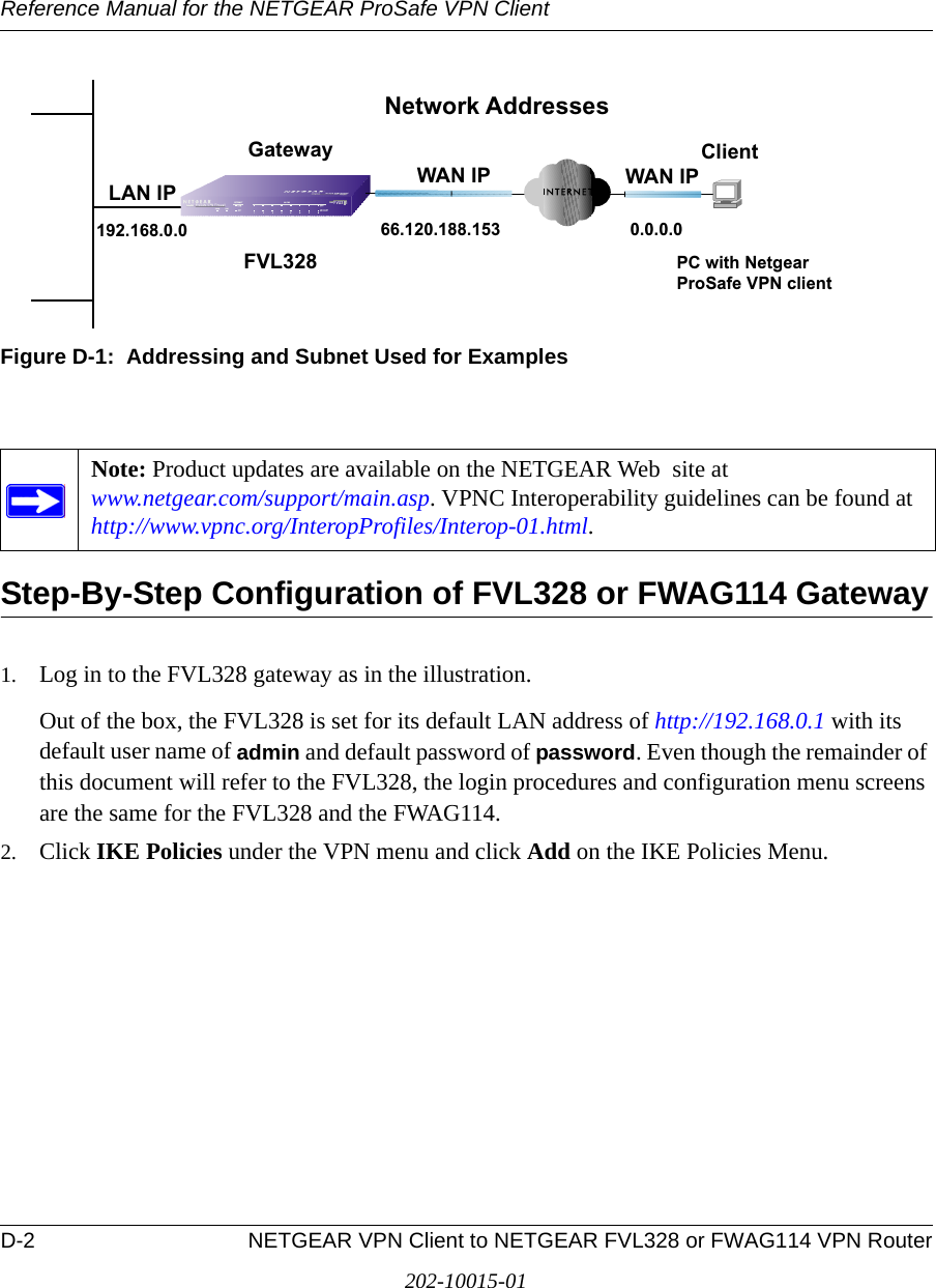 Reference Manual for the NETGEAR ProSafe VPN ClientD-2 NETGEAR VPN Client to NETGEAR FVL328 or FWAG114 VPN Router202-10015-01Figure D-1:  Addressing and Subnet Used for ExamplesStep-By-Step Configuration of FVL328 or FWAG114 Gateway1. Log in to the FVL328 gateway as in the illustration.Out of the box, the FVL328 is set for its default LAN address of http://192.168.0.1 with its default user name of admin and default password of password. Even though the remainder of this document will refer to the FVL328, the login procedures and configuration menu screens are the same for the FVL328 and the FWAG114. 2. Click IKE Policies under the VPN menu and click Add on the IKE Policies Menu. Note: Product updates are available on the NETGEAR Web  site at  www.netgear.com/support/main.asp. VPNC Interoperability guidelines can be found at  http://www.vpnc.org/InteropProfiles/Interop-01.html.Gateway0.0.0.066.120.188.153192.168.0.0WAN IP WAN IPLAN IPNetwork AddressesClientPC with NetgearProSafe VPN clientFVL328