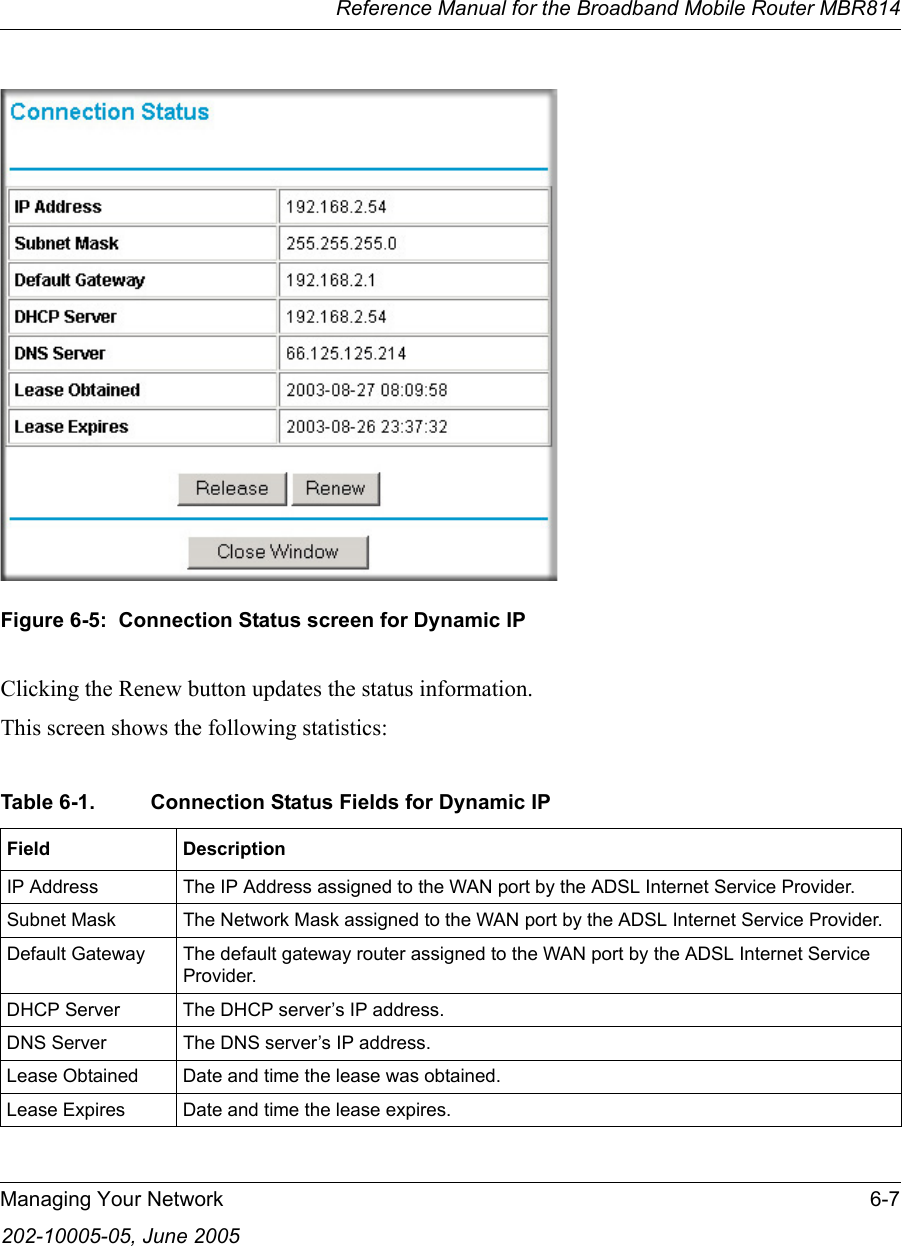 Reference Manual for the Broadband Mobile Router MBR814Managing Your Network 6-7202-10005-05, June 2005Figure 6-5:  Connection Status screen for Dynamic IPClicking the Renew button updates the status information.This screen shows the following statistics:Table 6-1. Connection Status Fields for Dynamic IPField DescriptionIP Address The IP Address assigned to the WAN port by the ADSL Internet Service Provider.Subnet Mask The Network Mask assigned to the WAN port by the ADSL Internet Service Provider.Default Gateway The default gateway router assigned to the WAN port by the ADSL Internet Service Provider. DHCP Server The DHCP server’s IP address.DNS Server The DNS server’s IP address.Lease Obtained Date and time the lease was obtained.Lease Expires Date and time the lease expires.
