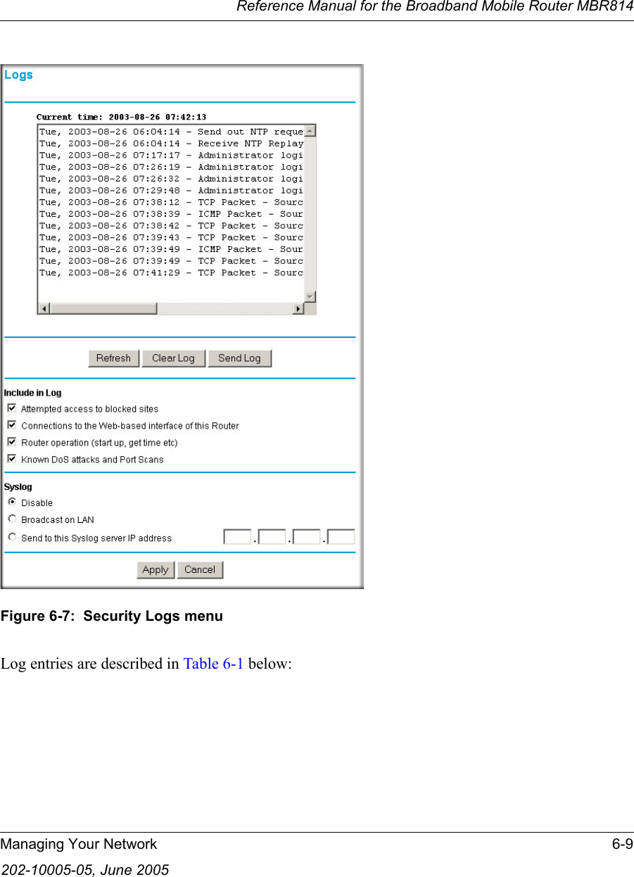 Reference Manual for the Broadband Mobile Router MBR814Managing Your Network 6-9202-10005-05, June 2005Figure 6-7:  Security Logs menuLog entries are described in Table 6-1 below: