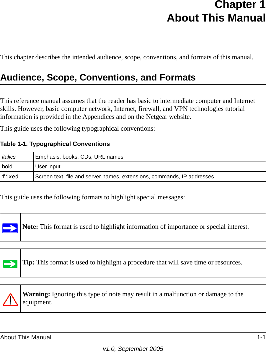 About This Manual 1-1v1.0, September 2005Chapter 1 About This ManualThis chapter describes the intended audience, scope, conventions, and formats of this manual.Audience, Scope, Conventions, and FormatsThis reference manual assumes that the reader has basic to intermediate computer and Internet skills. However, basic computer network, Internet, firewall, and VPN technologies tutorial information is provided in the Appendices and on the Netgear website.This guide uses the following typographical conventions:This guide uses the following formats to highlight special messages:Table 1-1. Typographical Conventionsitalics Emphasis, books, CDs, URL namesbold User inputfixed Screen text, file and server names, extensions, commands, IP addressesNote: This format is used to highlight information of importance or special interest.Tip: This format is used to highlight a procedure that will save time or resources.Warning: Ignoring this type of note may result in a malfunction or damage to the equipment.