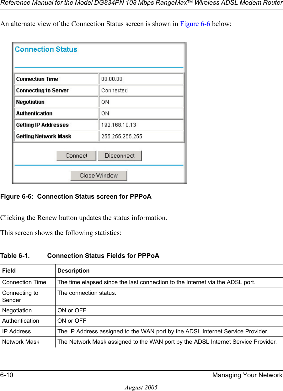 Reference Manual for the Model DG834PN 108 Mbps RangeMaxTM Wireless ADSL Modem Router6-10 Managing Your NetworkAugust 2005An alternate view of the Connection Status screen is shown in Figure 6-6 below:Figure 6-6:  Connection Status screen for PPPoAClicking the Renew button updates the status information.This screen shows the following statistics:Table 6-1. Connection Status Fields for PPPoAField DescriptionConnection Time The time elapsed since the last connection to the Internet via the ADSL port.Connecting to SenderThe connection status.Negotiation ON or OFFAuthentication ON or OFFIP Address The IP Address assigned to the WAN port by the ADSL Internet Service Provider.Network Mask The Network Mask assigned to the WAN port by the ADSL Internet Service Provider.