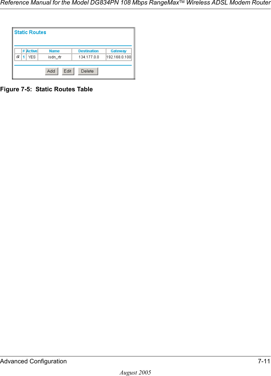 Reference Manual for the Model DG834PN 108 Mbps RangeMaxTM Wireless ADSL Modem RouterAdvanced Configuration 7-11August 2005Figure 7-5:  Static Routes Table