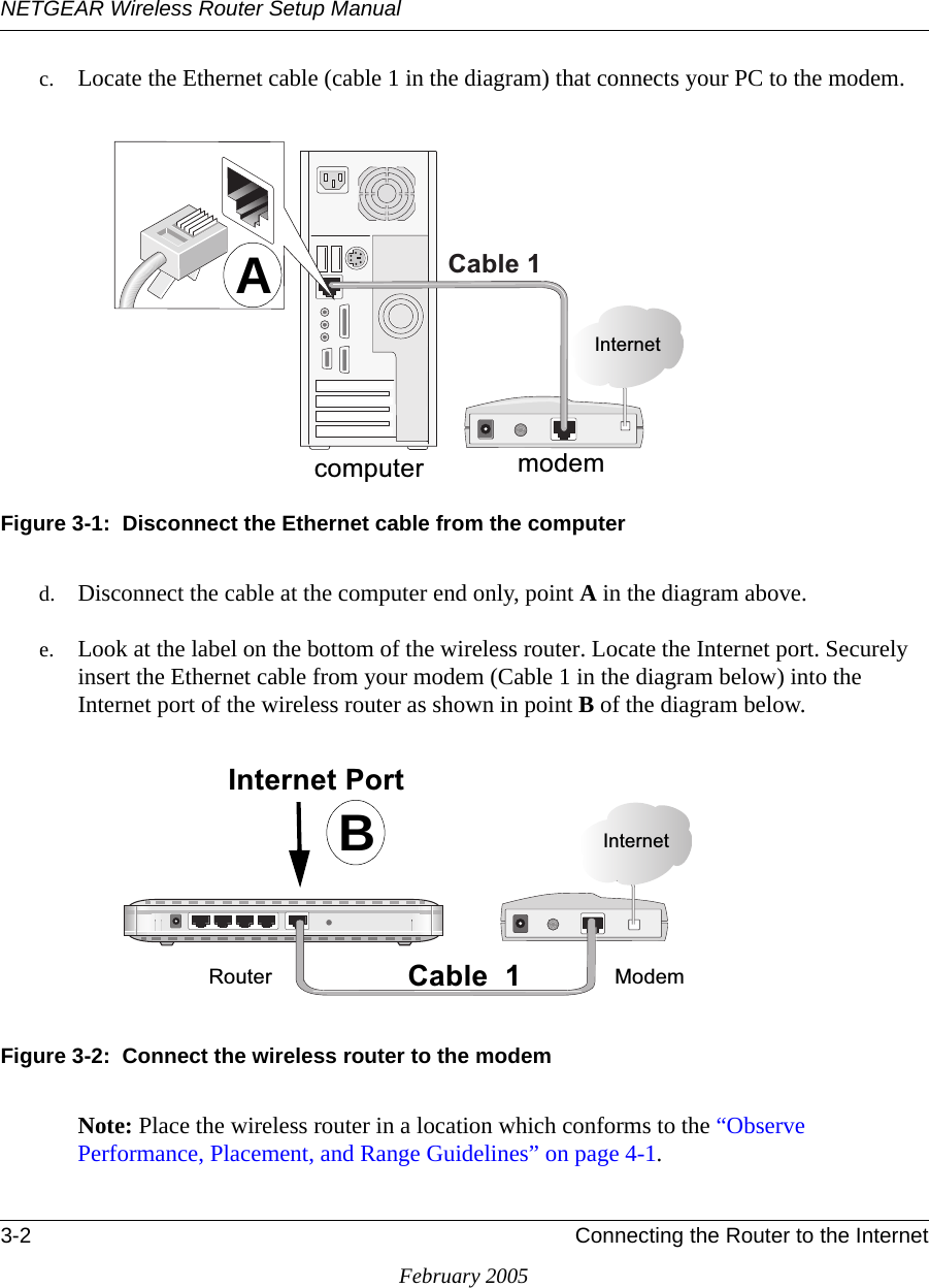 NETGEAR Wireless Router Setup Manual3-2 Connecting the Router to the InternetFebruary 2005c. Locate the Ethernet cable (cable 1 in the diagram) that connects your PC to the modem.Figure 3-1:  Disconnect the Ethernet cable from the computer d. Disconnect the cable at the computer end only, point A in the diagram above.e. Look at the label on the bottom of the wireless router. Locate the Internet port. Securely insert the Ethernet cable from your modem (Cable 1 in the diagram below) into the Internet port of the wireless router as shown in point B of the diagram below.Figure 3-2:  Connect the wireless router to the modemNote: Place the wireless router in a location which conforms to the “Observe Performance, Placement, and Range Guidelines” on page 4-1. PRGHP&amp;DEOH,QWHUQHWFRPSXWHUA0RGHP&amp;DEOH,QWHUQHW,QWHUQHW3RUW5RXWHUB
