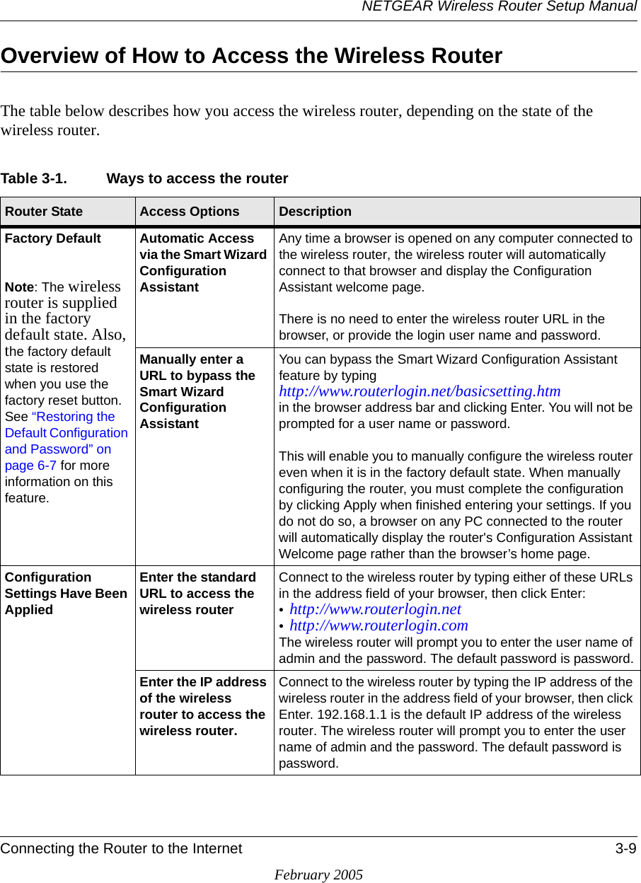 NETGEAR Wireless Router Setup ManualConnecting the Router to the Internet 3-9February 2005Overview of How to Access the Wireless RouterThe table below describes how you access the wireless router, depending on the state of the wireless router.Table 3-1. Ways to access the routerRouter State Access Options DescriptionFactory DefaultNote: The wireless router is supplied in the factory default state. Also, the factory default state is restored when you use the factory reset button. See “Restoring the Default Configuration and Password” on page 6-7 for more information on this feature.Automatic Access via the Smart Wizard Configuration AssistantAny time a browser is opened on any computer connected to the wireless router, the wireless router will automatically connect to that browser and display the Configuration Assistant welcome page. There is no need to enter the wireless router URL in the browser, or provide the login user name and password.Manually enter a URL to bypass the Smart Wizard Configuration AssistantYou can bypass the Smart Wizard Configuration Assistant feature by typing  http://www.routerlogin.net/basicsetting.htm  in the browser address bar and clicking Enter. You will not be prompted for a user name or password.This will enable you to manually configure the wireless router even when it is in the factory default state. When manually configuring the router, you must complete the configuration by clicking Apply when finished entering your settings. If you do not do so, a browser on any PC connected to the router will automatically display the router&apos;s Configuration Assistant Welcome page rather than the browser’s home page.Configuration Settings Have Been AppliedEnter the standard URL to access the wireless routerConnect to the wireless router by typing either of these URLs in the address field of your browser, then click Enter:•http://www.routerlogin.net •http://www.routerlogin.com The wireless router will prompt you to enter the user name of admin and the password. The default password is password.Enter the IP address of the wireless router to access the wireless router.Connect to the wireless router by typing the IP address of the wireless router in the address field of your browser, then click Enter. 192.168.1.1 is the default IP address of the wireless router. The wireless router will prompt you to enter the user name of admin and the password. The default password is password.