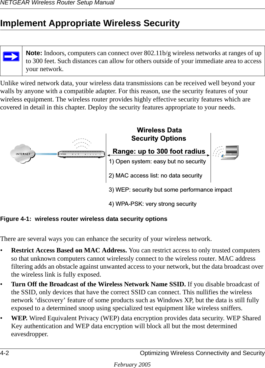 NETGEAR Wireless Router Setup Manual4-2 Optimizing Wireless Connectivity and SecurityFebruary 2005Implement Appropriate Wireless Security Unlike wired network data, your wireless data transmissions can be received well beyond your walls by anyone with a compatible adapter. For this reason, use the security features of your wireless equipment. The wireless router provides highly effective security features which are covered in detail in this chapter. Deploy the security features appropriate to your needs.Figure 4-1:  wireless router wireless data security optionsThere are several ways you can enhance the security of your wireless network.•Restrict Access Based on MAC Address. You can restrict access to only trusted computers so that unknown computers cannot wirelessly connect to the wireless router. MAC address filtering adds an obstacle against unwanted access to your network, but the data broadcast over the wireless link is fully exposed. •Turn Off the Broadcast of the Wireless Network Name SSID. If you disable broadcast of the SSID, only devices that have the correct SSID can connect. This nullifies the wireless network ‘discovery’ feature of some products such as Windows XP, but the data is still fully exposed to a determined snoop using specialized test equipment like wireless sniffers.•WEP. Wired Equivalent Privacy (WEP) data encryption provides data security. WEP Shared Key authentication and WEP data encryption will block all but the most determined eavesdropper. Note: Indoors, computers can connect over 802.11b/g wireless networks at ranges of up to 300 feet. Such distances can allow for others outside of your immediate area to access your network.:LUHOHVV&apos;DWD6HFXULW\2SWLRQV5DQJHXSWRIRRWUDGLXV2SHQV\VWHPHDV\EXWQRVHFXULW\0$&amp;DFFHVVOLVWQRGDWDVHFXULW\:(3VHFXULW\EXWVRPHSHUIRUPDQFHLPSDFW:3$36.YHU\VWURQJVHFXULW\.%4&apos;%!2