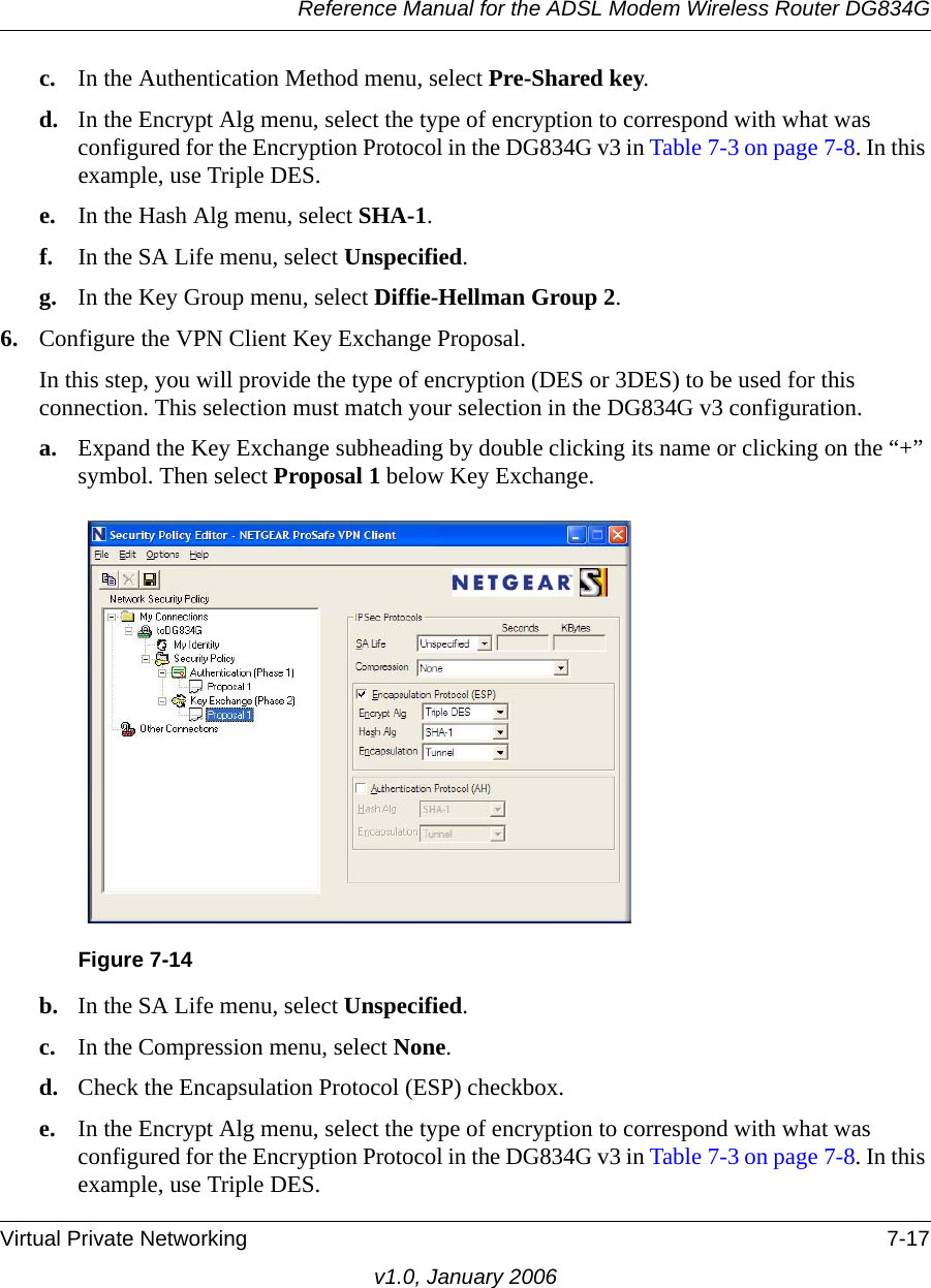 Reference Manual for the ADSL Modem Wireless Router DG834GVirtual Private Networking 7-17v1.0, January 2006c. In the Authentication Method menu, select Pre-Shared key. d. In the Encrypt Alg menu, select the type of encryption to correspond with what was configured for the Encryption Protocol in the DG834G v3 in Table 7-3 on page 7-8. In this example, use Triple DES. e. In the Hash Alg menu, select SHA-1. f. In the SA Life menu, select Unspecified. g. In the Key Group menu, select Diffie-Hellman Group 2. 6. Configure the VPN Client Key Exchange Proposal. In this step, you will provide the type of encryption (DES or 3DES) to be used for this connection. This selection must match your selection in the DG834G v3 configuration.a. Expand the Key Exchange subheading by double clicking its name or clicking on the “+” symbol. Then select Proposal 1 below Key Exchange. b. In the SA Life menu, select Unspecified. c. In the Compression menu, select None. d. Check the Encapsulation Protocol (ESP) checkbox. e. In the Encrypt Alg menu, select the type of encryption to correspond with what was configured for the Encryption Protocol in the DG834G v3 in Table 7-3 on page 7-8. In this example, use Triple DES.Figure 7-14