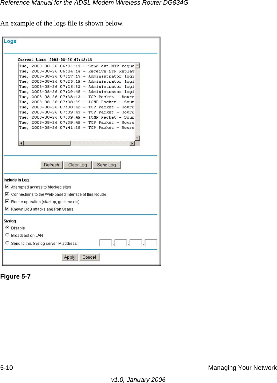 Reference Manual for the ADSL Modem Wireless Router DG834G5-10 Managing Your Networkv1.0, January 2006An example of the logs file is shown below. Figure 5-7