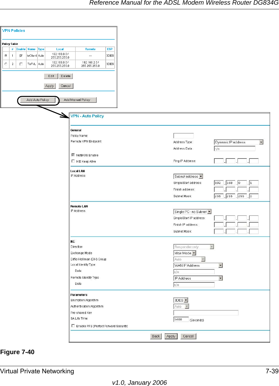 Reference Manual for the ADSL Modem Wireless Router DG834GVirtual Private Networking 7-39v1.0, January 2006Figure 7-40