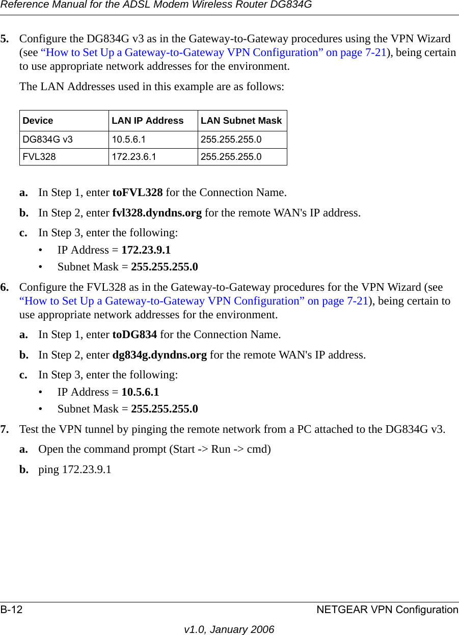 Reference Manual for the ADSL Modem Wireless Router DG834GB-12 NETGEAR VPN Configurationv1.0, January 20065. Configure the DG834G v3 as in the Gateway-to-Gateway procedures using the VPN Wizard (see “How to Set Up a Gateway-to-Gateway VPN Configuration” on page 7-21), being certain to use appropriate network addresses for the environment.The LAN Addresses used in this example are as follows:a. In Step 1, enter toFVL328 for the Connection Name.b. In Step 2, enter fvl328.dyndns.org for the remote WAN&apos;s IP address.c. In Step 3, enter the following:• IP Address = 172.23.9.1 • Subnet Mask = 255.255.255.0 6. Configure the FVL328 as in the Gateway-to-Gateway procedures for the VPN Wizard (see “How to Set Up a Gateway-to-Gateway VPN Configuration” on page 7-21), being certain to use appropriate network addresses for the environment.a. In Step 1, enter toDG834 for the Connection Name.b. In Step 2, enter dg834g.dyndns.org for the remote WAN&apos;s IP address.c. In Step 3, enter the following:• IP Address = 10.5.6.1 • Subnet Mask = 255.255.255.0 7. Test the VPN tunnel by pinging the remote network from a PC attached to the DG834G v3.a. Open the command prompt (Start -&gt; Run -&gt; cmd)b. ping 172.23.9.1Device LAN IP Address LAN Subnet MaskDG834G v3 10.5.6.1 255.255.255.0FVL328 172.23.6.1 255.255.255.0