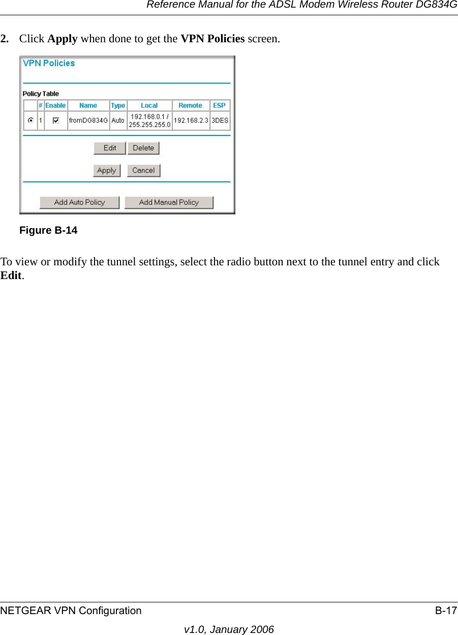 Reference Manual for the ADSL Modem Wireless Router DG834GNETGEAR VPN Configuration B-17v1.0, January 20062. Click Apply when done to get the VPN Policies screen.To view or modify the tunnel settings, select the radio button next to the tunnel entry and click Edit. Figure B-14