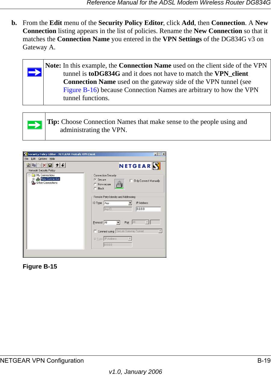 Reference Manual for the ADSL Modem Wireless Router DG834GNETGEAR VPN Configuration B-19v1.0, January 2006b. From the Edit menu of the Security Policy Editor, click Add, then Connection. A New Connection listing appears in the list of policies. Rename the New Connection so that it matches the Connection Name you entered in the VPN Settings of the DG834G v3 on Gateway A.Note: In this example, the Connection Name used on the client side of the VPN tunnel is toDG834G and it does not have to match the VPN_client Connection Name used on the gateway side of the VPN tunnel (see Figure B-16) because Connection Names are arbitrary to how the VPN tunnel functions.Tip: Choose Connection Names that make sense to the people using and administrating the VPN.Figure B-15