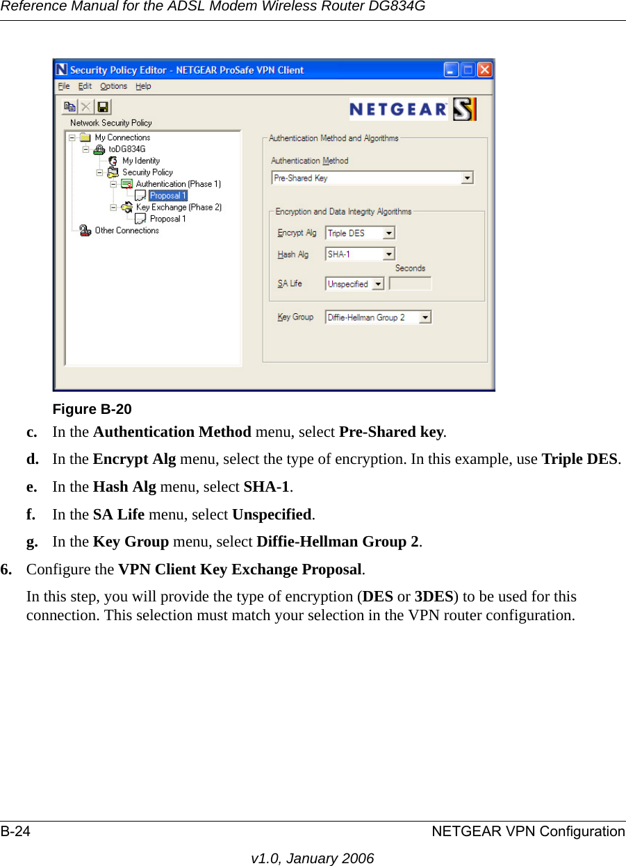 Reference Manual for the ADSL Modem Wireless Router DG834GB-24 NETGEAR VPN Configurationv1.0, January 2006c. In the Authentication Method menu, select Pre-Shared key. d. In the Encrypt Alg menu, select the type of encryption. In this example, use Triple DES. e. In the Hash Alg menu, select SHA-1. f. In the SA Life menu, select Unspecified. g. In the Key Group menu, select Diffie-Hellman Group 2. 6. Configure the VPN Client Key Exchange Proposal. In this step, you will provide the type of encryption (DES or 3DES) to be used for this connection. This selection must match your selection in the VPN router configuration.Figure B-20