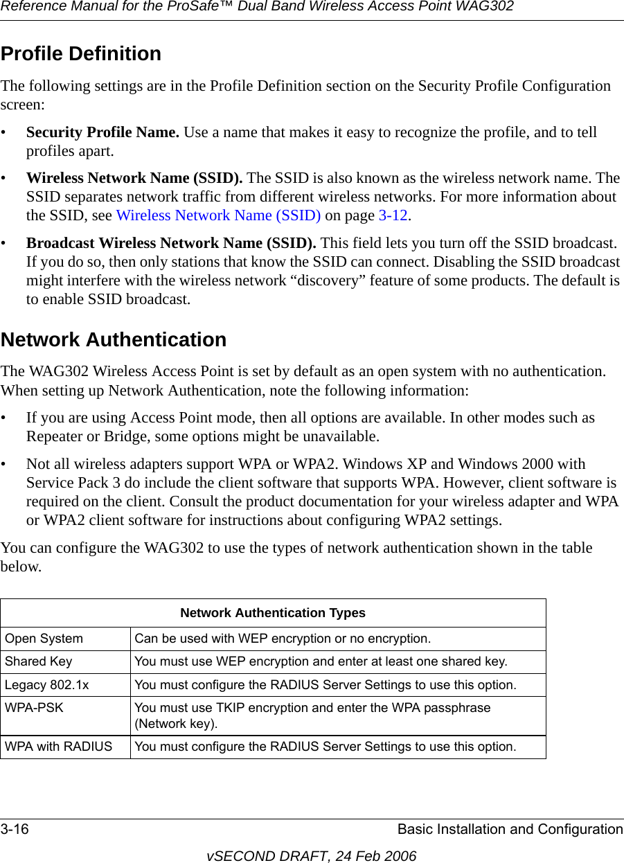 Reference Manual for the ProSafe™ Dual Band Wireless Access Point WAG3023-16 Basic Installation and ConfigurationvSECOND DRAFT, 24 Feb 2006Profile DefinitionThe following settings are in the Profile Definition section on the Security Profile Configuration screen:•Security Profile Name. Use a name that makes it easy to recognize the profile, and to tell profiles apart.•Wireless Network Name (SSID). The SSID is also known as the wireless network name. The SSID separates network traffic from different wireless networks. For more information about the SSID, see Wireless Network Name (SSID) on page 3-12.•Broadcast Wireless Network Name (SSID). This field lets you turn off the SSID broadcast. If you do so, then only stations that know the SSID can connect. Disabling the SSID broadcast might interfere with the wireless network “discovery” feature of some products. The default is to enable SSID broadcast.Network AuthenticationThe WAG302 Wireless Access Point is set by default as an open system with no authentication. When setting up Network Authentication, note the following information:• If you are using Access Point mode, then all options are available. In other modes such as Repeater or Bridge, some options might be unavailable.• Not all wireless adapters support WPA or WPA2. Windows XP and Windows 2000 with Service Pack 3 do include the client software that supports WPA. However, client software is required on the client. Consult the product documentation for your wireless adapter and WPA or WPA2 client software for instructions about configuring WPA2 settings.You can configure the WAG302 to use the types of network authentication shown in the table below.Network Authentication TypesOpen System Can be used with WEP encryption or no encryption. Shared Key You must use WEP encryption and enter at least one shared key. Legacy 802.1x  You must configure the RADIUS Server Settings to use this option. WPA-PSK You must use TKIP encryption and enter the WPA passphrase (Network key). WPA with RADIUS You must configure the RADIUS Server Settings to use this option. 