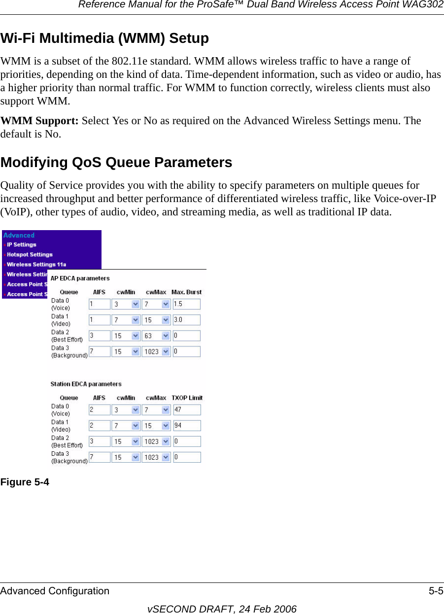 Reference Manual for the ProSafe™ Dual Band Wireless Access Point WAG302Advanced Configuration 5-5vSECOND DRAFT, 24 Feb 2006Wi-Fi Multimedia (WMM) Setup WMM is a subset of the 802.11e standard. WMM allows wireless traffic to have a range of priorities, depending on the kind of data. Time-dependent information, such as video or audio, has a higher priority than normal traffic. For WMM to function correctly, wireless clients must also support WMM.WMM Support: Select Yes or No as required on the Advanced Wireless Settings menu. The default is No.Modifying QoS Queue ParametersQuality of Service provides you with the ability to specify parameters on multiple queues for increased throughput and better performance of differentiated wireless traffic, like Voice-over-IP (VoIP), other types of audio, video, and streaming media, as well as traditional IP data. Figure 5-4