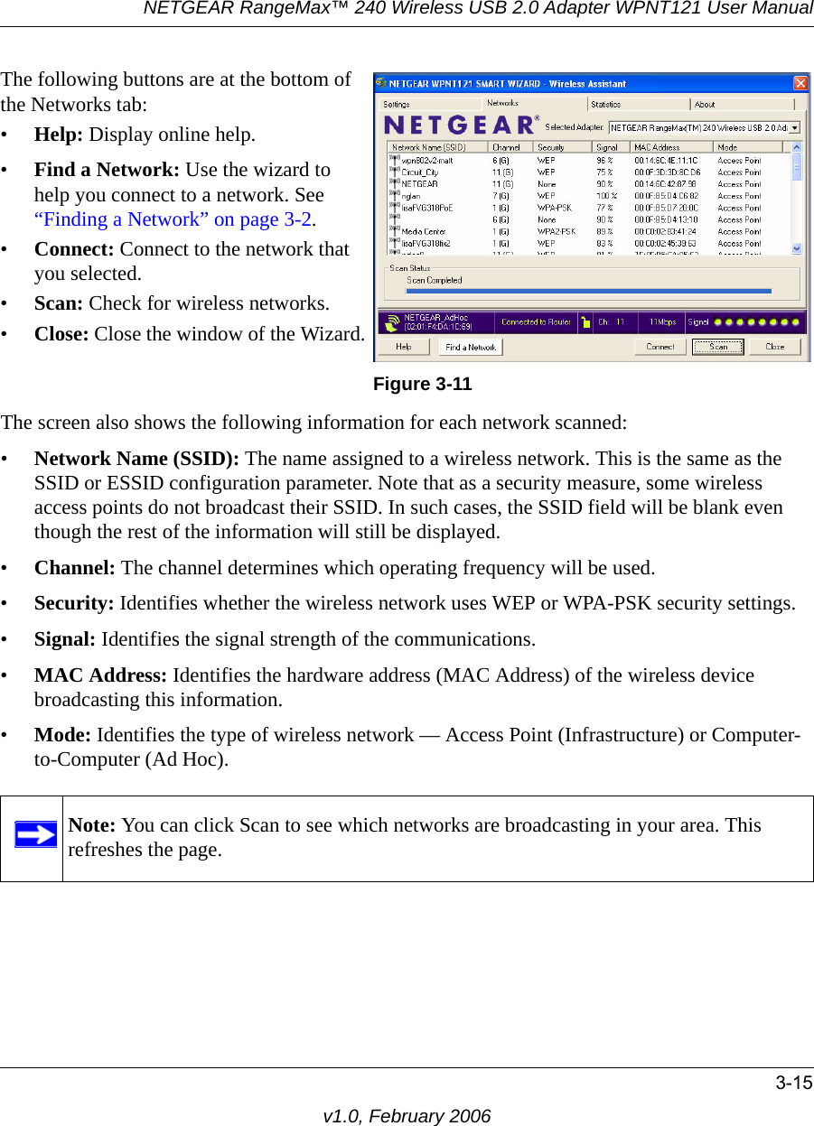 NETGEAR RangeMax™ 240 Wireless USB 2.0 Adapter WPNT121 User Manual3-15v1.0, February 2006The screen also shows the following information for each network scanned:•Network Name (SSID): The name assigned to a wireless network. This is the same as the SSID or ESSID configuration parameter. Note that as a security measure, some wireless access points do not broadcast their SSID. In such cases, the SSID field will be blank even though the rest of the information will still be displayed. •Channel: The channel determines which operating frequency will be used. •Security: Identifies whether the wireless network uses WEP or WPA-PSK security settings.•Signal: Identifies the signal strength of the communications.•MAC Address: Identifies the hardware address (MAC Address) of the wireless device broadcasting this information.•Mode: Identifies the type of wireless network — Access Point (Infrastructure) or Computer-to-Computer (Ad Hoc).The following buttons are at the bottom of the Networks tab:•Help: Display online help.•Find a Network: Use the wizard to help you connect to a network. See “Finding a Network” on page 3-2.•Connect: Connect to the network that you selected.•Scan: Check for wireless networks.•Close: Close the window of the Wizard.Figure 3-11Note: You can click Scan to see which networks are broadcasting in your area. This refreshes the page.