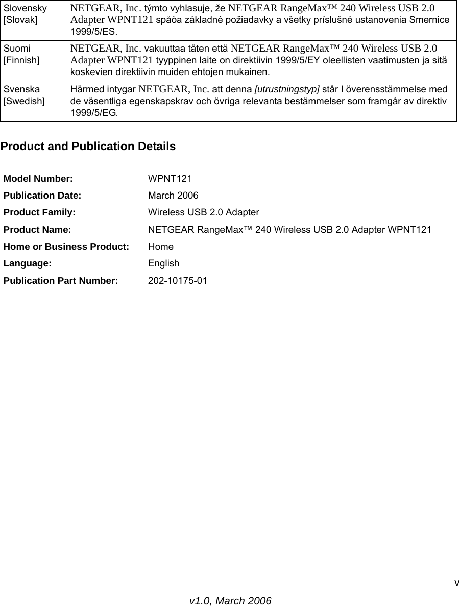 v1.0, March 2006vProduct and Publication DetailsSlovensky [Slovak]NETGEAR, Inc. týmto vyhlasuje, že NETGEAR RangeMax™ 240 Wireless USB 2.0 Adapter WPNT121 spåòa základné požiadavky a všetky príslušné ustanovenia Smernice 1999/5/ES.Suomi [Finnish]NETGEAR, Inc. vakuuttaa täten että NETGEAR RangeMax™ 240 Wireless USB 2.0 Adapter WPNT121 tyyppinen laite on direktiivin 1999/5/EY oleellisten vaatimusten ja sitä koskevien direktiivin muiden ehtojen mukainen.Svenska [Swedish]Härmed intygar NETGEAR, Inc. att denna [utrustningstyp] står I överensstämmelse med de väsentliga egenskapskrav och övriga relevanta bestämmelser som framgår av direktiv 1999/5/EG.Model Number: WPNT121Publication Date: March 2006Product Family: Wireless USB 2.0 AdapterProduct Name: NETGEAR RangeMax™ 240 Wireless USB 2.0 Adapter WPNT121Home or Business Product: HomeLanguage: EnglishPublication Part Number: 202-10175-01