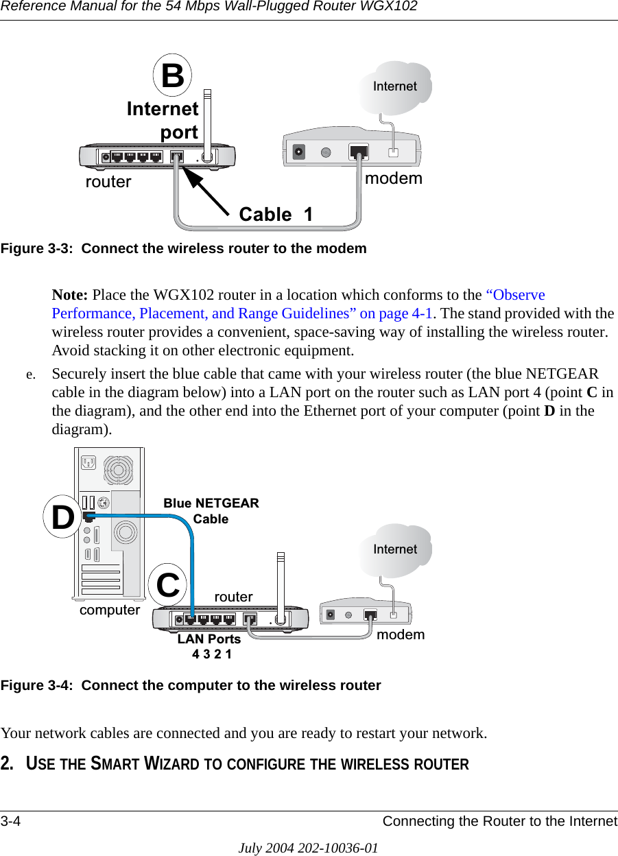 Reference Manual for the 54 Mbps Wall-Plugged Router WGX1023-4 Connecting the Router to the InternetJuly 2004 202-10036-01Figure 3-3:  Connect the wireless router to the modemNote: Place the WGX102 router in a location which conforms to the “Observe Performance, Placement, and Range Guidelines” on page 4-1. The stand provided with the wireless router provides a convenient, space-saving way of installing the wireless router. Avoid stacking it on other electronic equipment.e. Securely insert the blue cable that came with your wireless router (the blue NETGEAR cable in the diagram below) into a LAN port on the router such as LAN port 4 (point C in the diagram), and the other end into the Ethernet port of your computer (point D in the diagram).Figure 3-4:  Connect the computer to the wireless routerYour network cables are connected and you are ready to restart your network.2. USE THE SMART WIZARD TO CONFIGURE THE WIRELESS ROUTERPRGHP&amp;DEOH,QWHUQHW,QWHUQHWSRUWURXWHUB/$13RUWV%OXH1(7*($5&amp;DEOH,QWHUQHWPRGHPURXWHUFRPSXWHU CD
