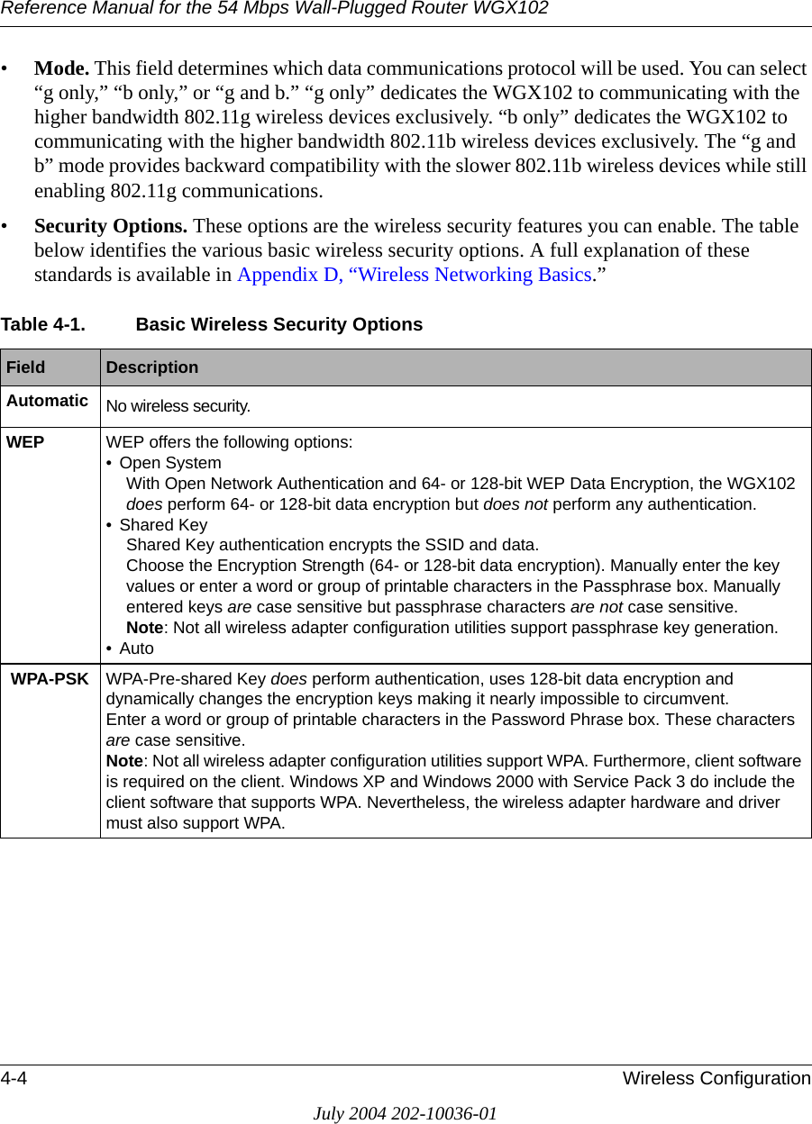 Reference Manual for the 54 Mbps Wall-Plugged Router WGX1024-4 Wireless ConfigurationJuly 2004 202-10036-01•Mode. This field determines which data communications protocol will be used. You can select “g only,” “b only,” or “g and b.” “g only” dedicates the WGX102 to communicating with the higher bandwidth 802.11g wireless devices exclusively. “b only” dedicates the WGX102 to communicating with the higher bandwidth 802.11b wireless devices exclusively. The “g and b” mode provides backward compatibility with the slower 802.11b wireless devices while still enabling 802.11g communications. •Security Options. These options are the wireless security features you can enable. The table below identifies the various basic wireless security options. A full explanation of these standards is available in Appendix D, “Wireless Networking Basics.”Table 4-1. Basic Wireless Security OptionsField  DescriptionAutomatic No wireless security.WEP WEP offers the following options:• Open SystemWith Open Network Authentication and 64- or 128-bit WEP Data Encryption, the WGX102 does perform 64- or 128-bit data encryption but does not perform any authentication. • Shared KeyShared Key authentication encrypts the SSID and data.Choose the Encryption Strength (64- or 128-bit data encryption). Manually enter the key values or enter a word or group of printable characters in the Passphrase box. Manually entered keys are case sensitive but passphrase characters are not case sensitive. Note: Not all wireless adapter configuration utilities support passphrase key generation.•Auto WPA-PSK WPA-Pre-shared Key does perform authentication, uses 128-bit data encryption and dynamically changes the encryption keys making it nearly impossible to circumvent.Enter a word or group of printable characters in the Password Phrase box. These characters are case sensitive.Note: Not all wireless adapter configuration utilities support WPA. Furthermore, client software is required on the client. Windows XP and Windows 2000 with Service Pack 3 do include the client software that supports WPA. Nevertheless, the wireless adapter hardware and driver must also support WPA.