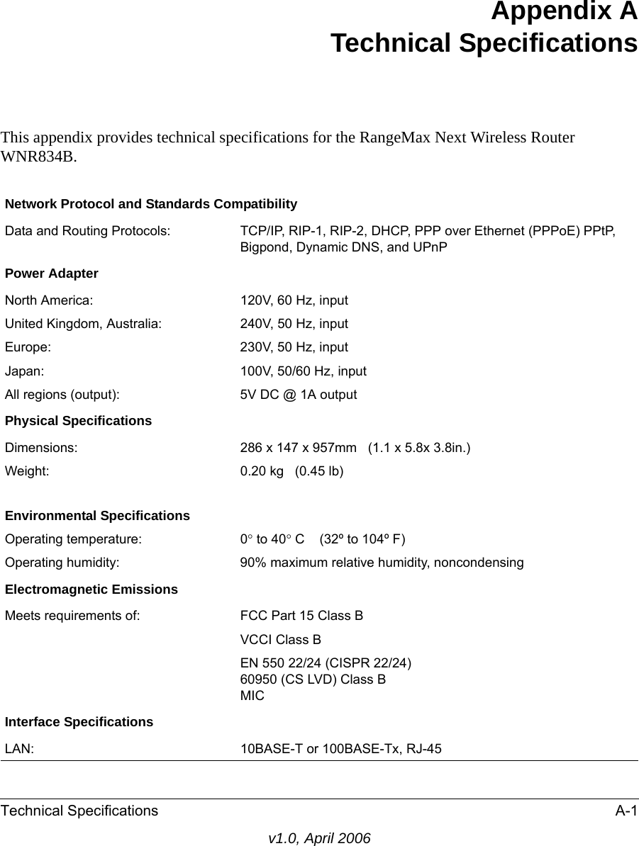 Technical Specifications A-1v1.0, April 2006Appendix A Technical SpecificationsThis appendix provides technical specifications for the RangeMax Next Wireless Router WNR834B.Network Protocol and Standards CompatibilityData and Routing Protocols: TCP/IP, RIP-1, RIP-2, DHCP, PPP over Ethernet (PPPoE) PPtP, Bigpond, Dynamic DNS, and UPnPPower AdapterNorth America: 120V, 60 Hz, inputUnited Kingdom, Australia: 240V, 50 Hz, inputEurope: 230V, 50 Hz, inputJapan: 100V, 50/60 Hz, inputAll regions (output): 5V DC @ 1A outputPhysical SpecificationsDimensions: 286 x 147 x 957mm   (1.1 x 5.8x 3.8in.)Weight: 0.20 kg   (0.45 lb)Environmental SpecificationsOperating temperature: 0° to 40° C    (32º to 104º F)Operating humidity: 90% maximum relative humidity, noncondensingElectromagnetic EmissionsMeets requirements of: FCC Part 15 Class BVCCI Class BEN 550 22/24 (CISPR 22/24)60950 (CS LVD) Class BMICInterface SpecificationsLAN: 10BASE-T or 100BASE-Tx, RJ-45