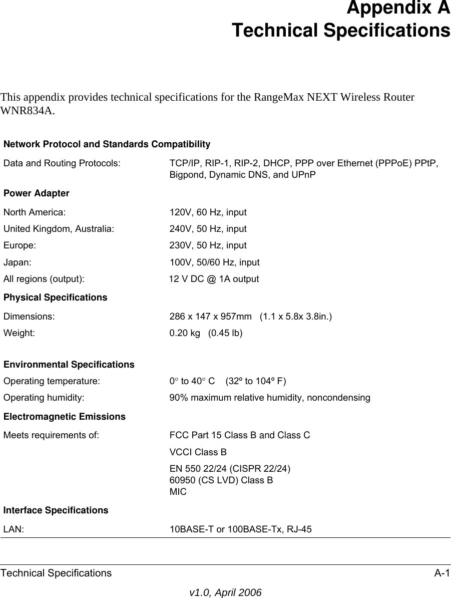 Technical Specifications A-1v1.0, April 2006Appendix A Technical SpecificationsThis appendix provides technical specifications for the RangeMax NEXT Wireless Router WNR834A.Network Protocol and Standards CompatibilityData and Routing Protocols: TCP/IP, RIP-1, RIP-2, DHCP, PPP over Ethernet (PPPoE) PPtP, Bigpond, Dynamic DNS, and UPnPPower AdapterNorth America: 120V, 60 Hz, inputUnited Kingdom, Australia: 240V, 50 Hz, inputEurope: 230V, 50 Hz, inputJapan: 100V, 50/60 Hz, inputAll regions (output):                                12 V DC @ 1A outputPhysical SpecificationsDimensions: 286 x 147 x 957mm   (1.1 x 5.8x 3.8in.)Weight: 0.20 kg   (0.45 lb)Environmental SpecificationsOperating temperature: 0° to 40° C    (32º to 104º F)Operating humidity: 90% maximum relative humidity, noncondensingElectromagnetic EmissionsMeets requirements of: FCC Part 15 Class B and Class CVCCI Class BEN 550 22/24 (CISPR 22/24)60950 (CS LVD) Class BMICInterface SpecificationsLAN: 10BASE-T or 100BASE-Tx, RJ-45