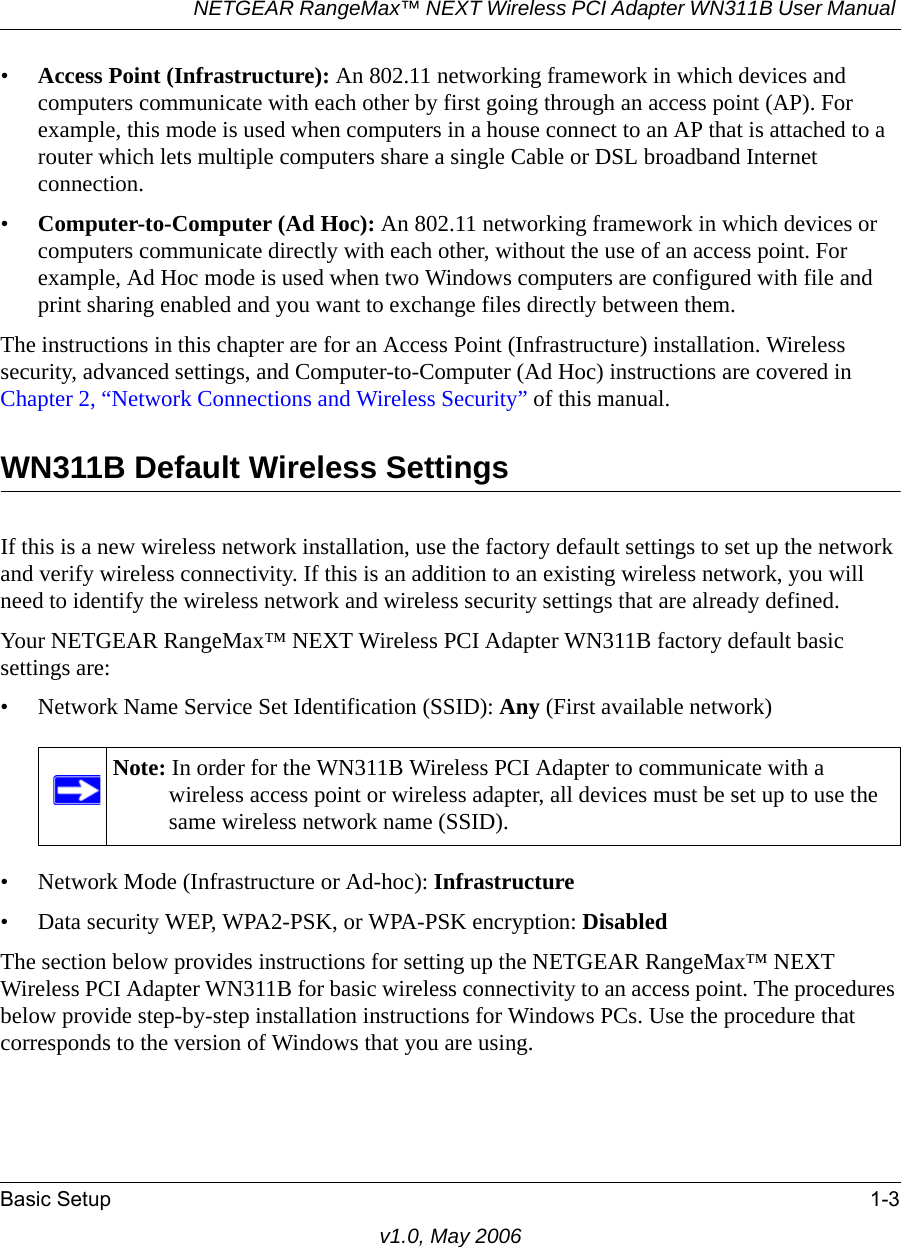 NETGEAR RangeMax™ NEXT Wireless PCI Adapter WN311B User Manual Basic Setup 1-3v1.0, May 2006•Access Point (Infrastructure): An 802.11 networking framework in which devices and computers communicate with each other by first going through an access point (AP). For example, this mode is used when computers in a house connect to an AP that is attached to a router which lets multiple computers share a single Cable or DSL broadband Internet connection.•Computer-to-Computer (Ad Hoc): An 802.11 networking framework in which devices or computers communicate directly with each other, without the use of an access point. For example, Ad Hoc mode is used when two Windows computers are configured with file and print sharing enabled and you want to exchange files directly between them.The instructions in this chapter are for an Access Point (Infrastructure) installation. Wireless security, advanced settings, and Computer-to-Computer (Ad Hoc) instructions are covered in Chapter 2, “Network Connections and Wireless Security” of this manual.WN311B Default Wireless SettingsIf this is a new wireless network installation, use the factory default settings to set up the network and verify wireless connectivity. If this is an addition to an existing wireless network, you will need to identify the wireless network and wireless security settings that are already defined. Your NETGEAR RangeMax™ NEXT Wireless PCI Adapter WN311B factory default basic settings are: • Network Name Service Set Identification (SSID): Any (First available network)• Network Mode (Infrastructure or Ad-hoc): Infrastructure• Data security WEP, WPA2-PSK, or WPA-PSK encryption: DisabledThe section below provides instructions for setting up the NETGEAR RangeMax™ NEXT Wireless PCI Adapter WN311B for basic wireless connectivity to an access point. The procedures below provide step-by-step installation instructions for Windows PCs. Use the procedure that corresponds to the version of Windows that you are using.Note: In order for the WN311B Wireless PCI Adapter to communicate with a wireless access point or wireless adapter, all devices must be set up to use the same wireless network name (SSID).